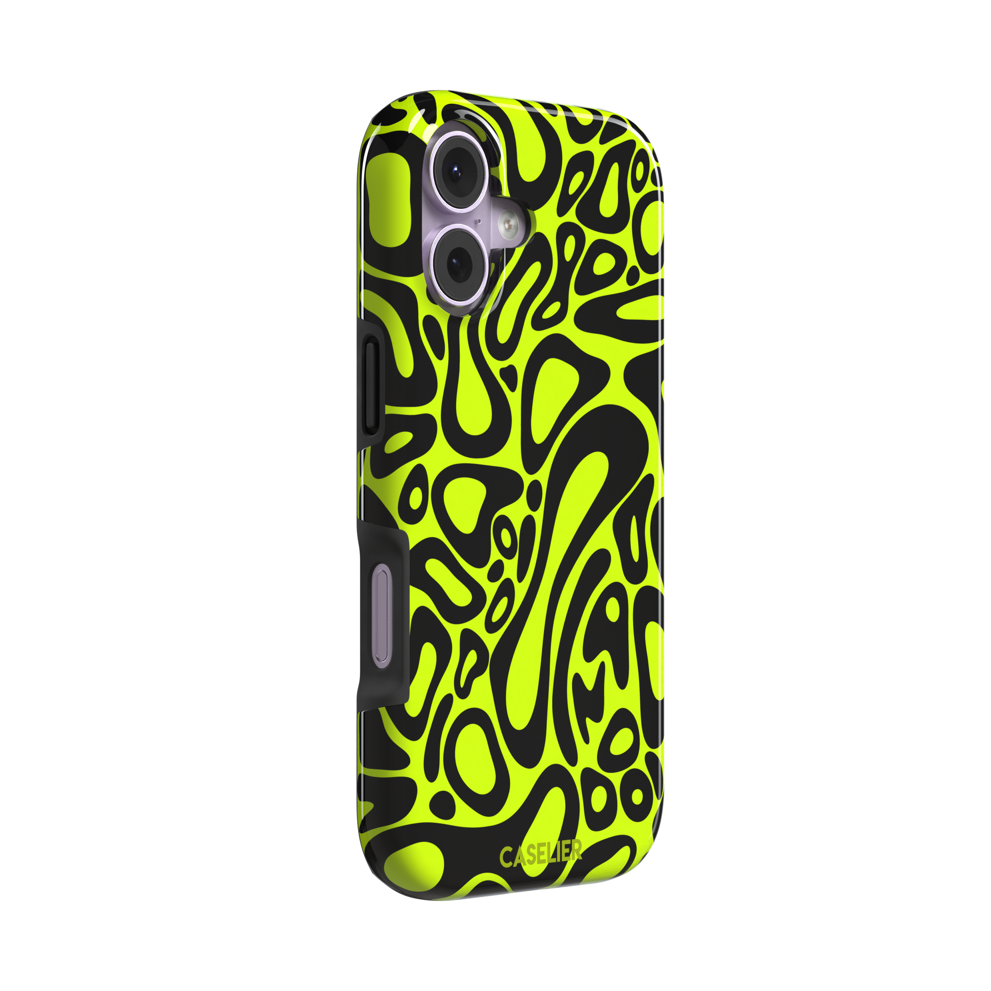 Norris Pattern phone case in neon yellow and black with fluid swirling abstract shapes covering the full back, phone case by Caselier — tough case, left view