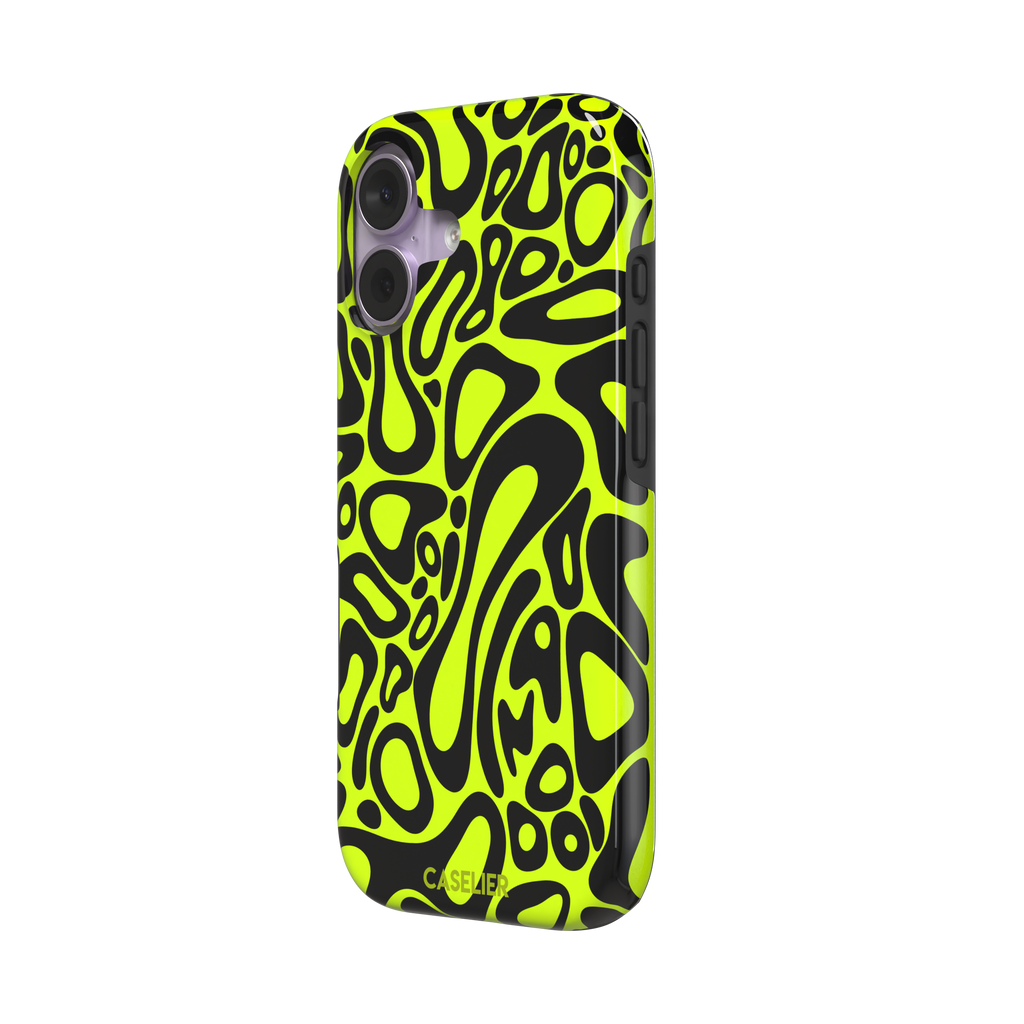 Norris Pattern phone case in neon yellow and black with fluid swirling abstract shapes covering the full back, phone case by Caselier — tough case, right view