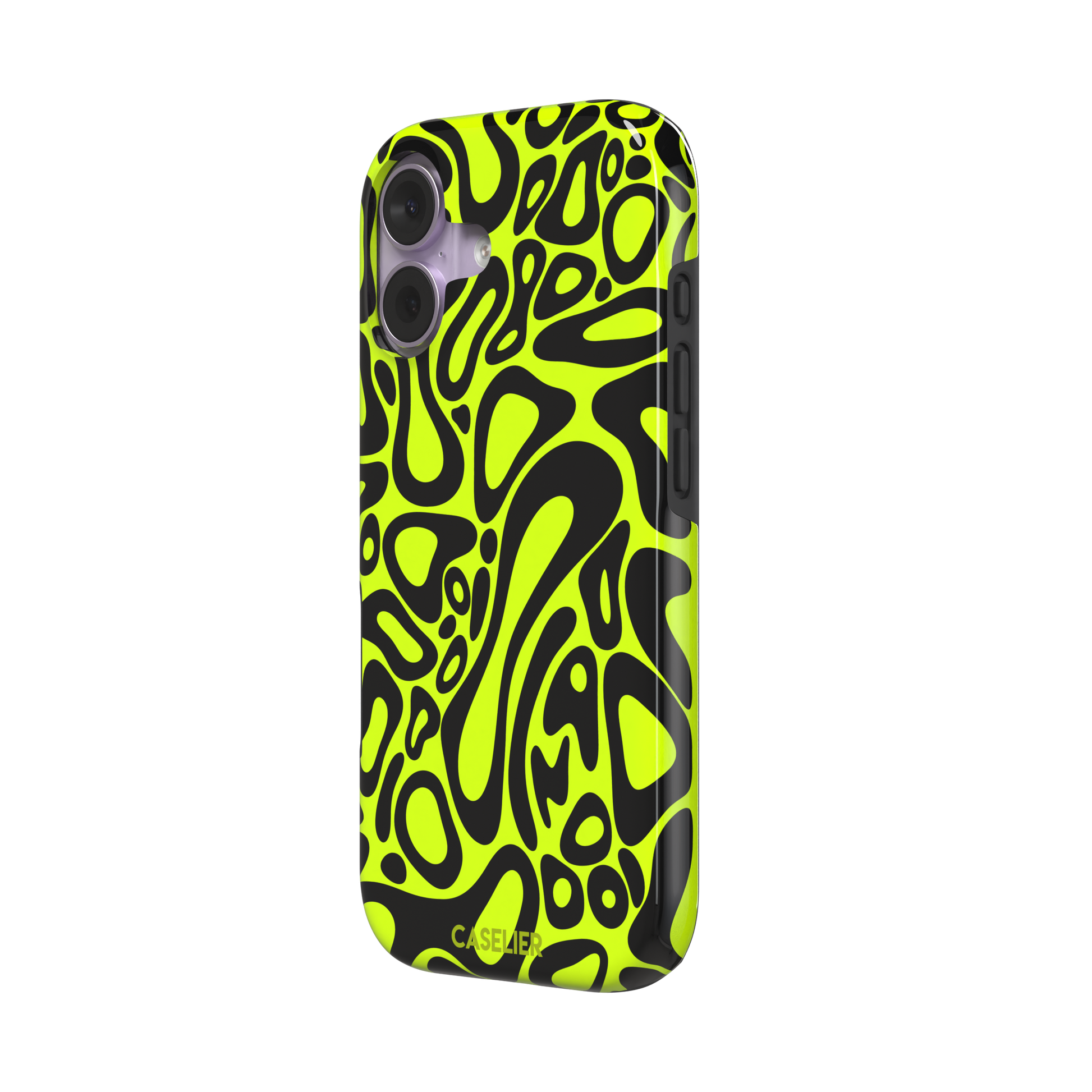 Norris Pattern phone case in neon yellow and black with fluid swirling abstract shapes covering the full back, phone case by Caselier — tough case, right view