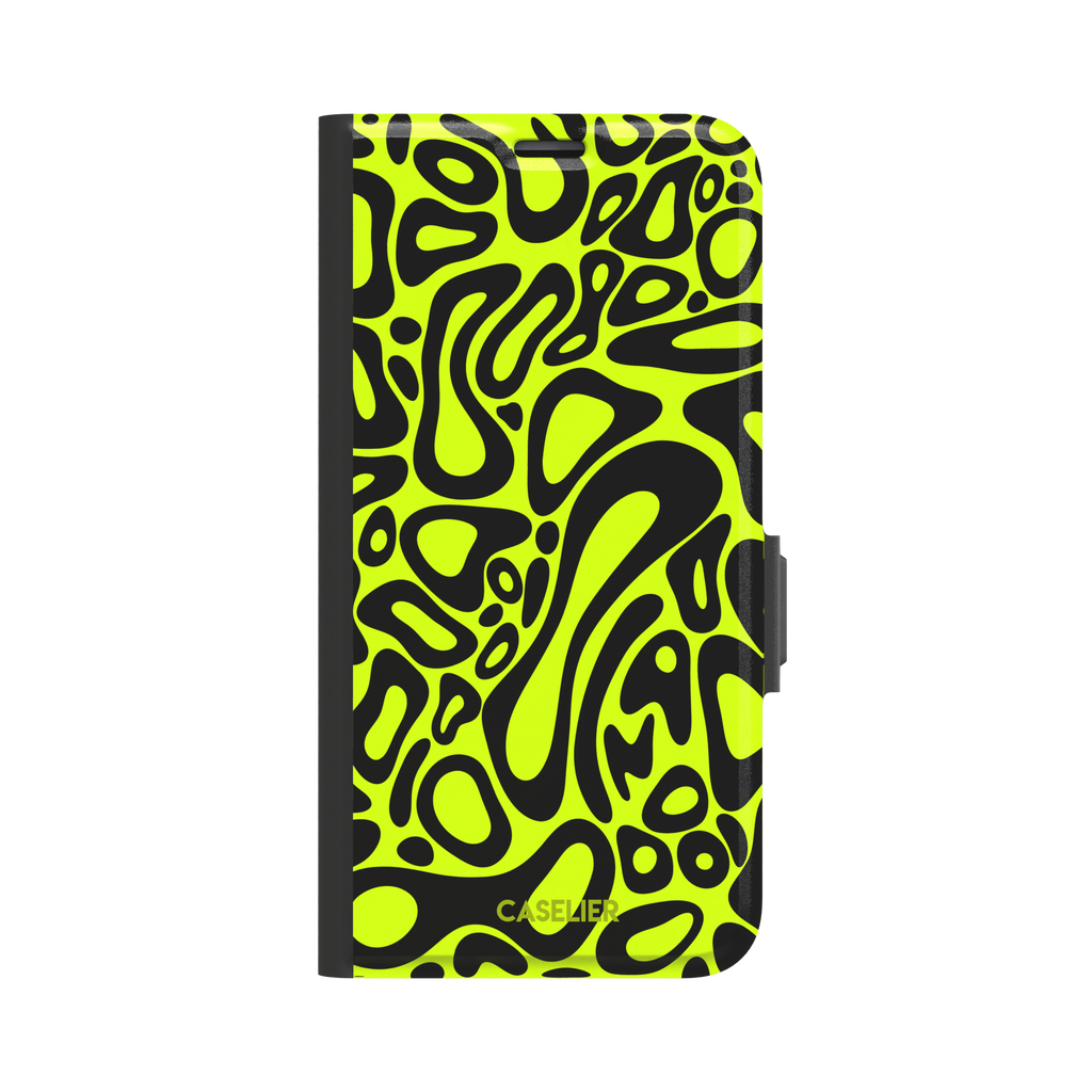 Norris Pattern phone case in neon yellow and black with fluid swirling abstract shapes covering the full back, phone case by Caselier — wallet case, front view