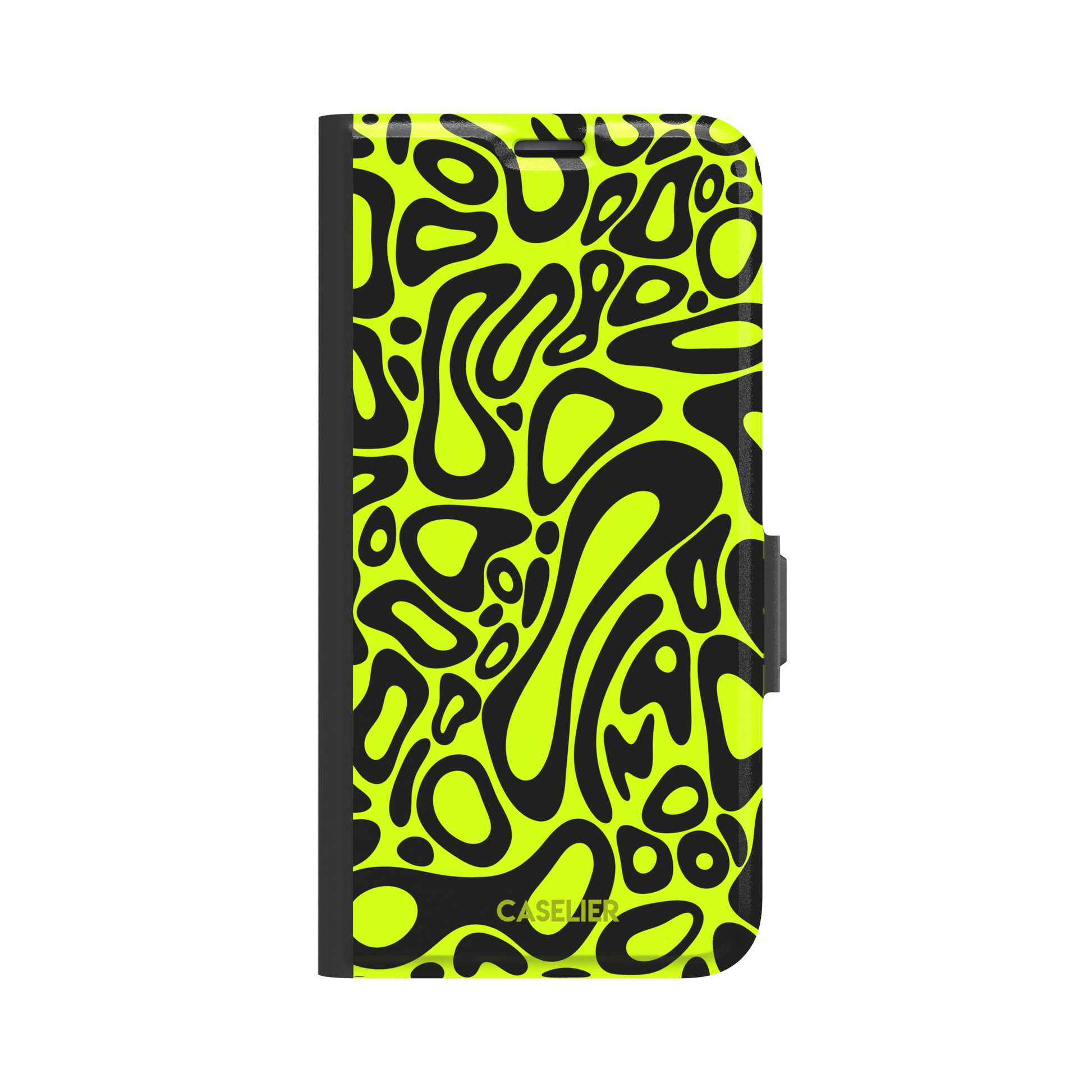 Norris Pattern phone case in neon yellow and black with fluid swirling abstract shapes covering the full back, phone case by Caselier — wallet case, front view