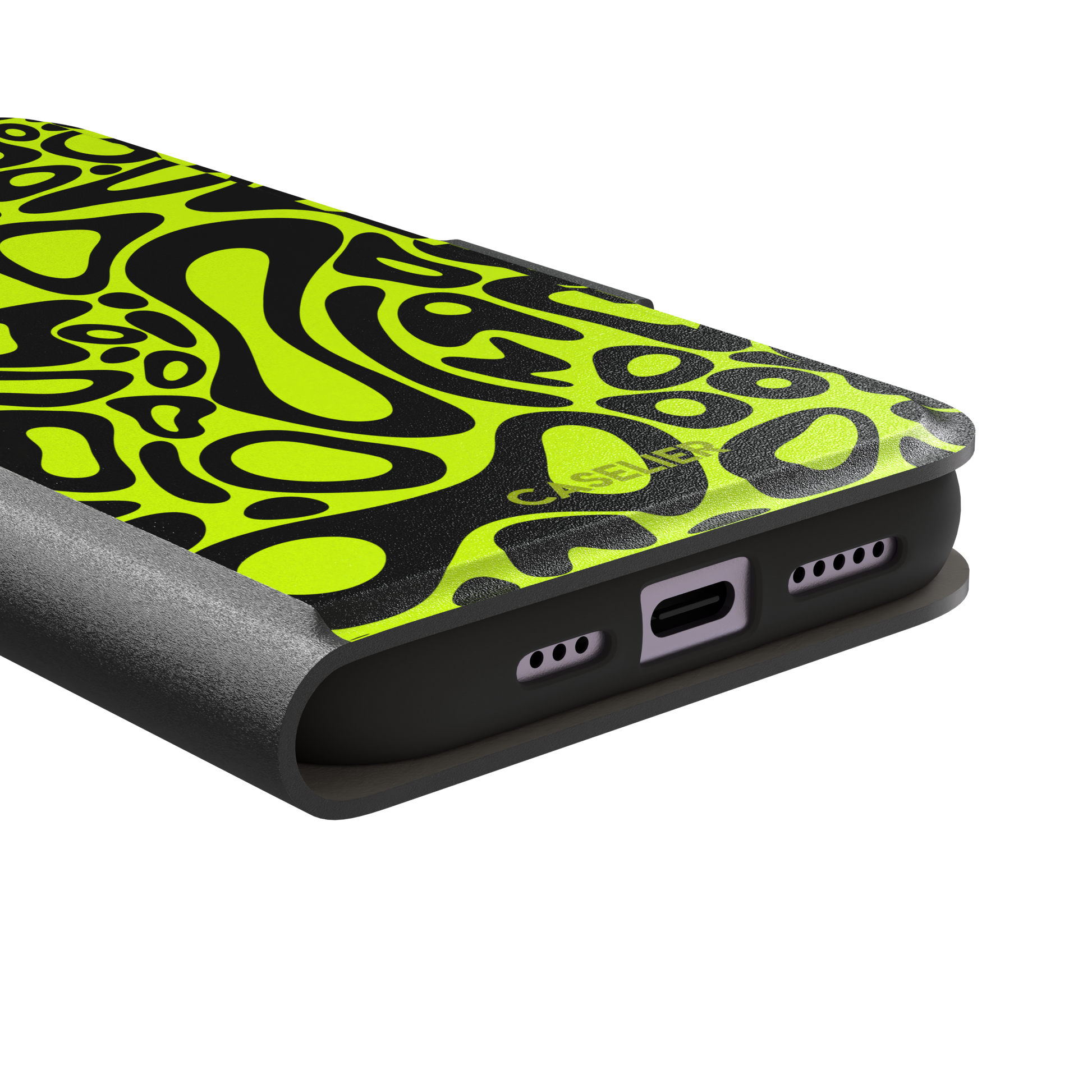 Norris Pattern phone case in neon yellow and black with fluid swirling abstract shapes covering the full back, phone case by Caselier — wallet case, charging port detail