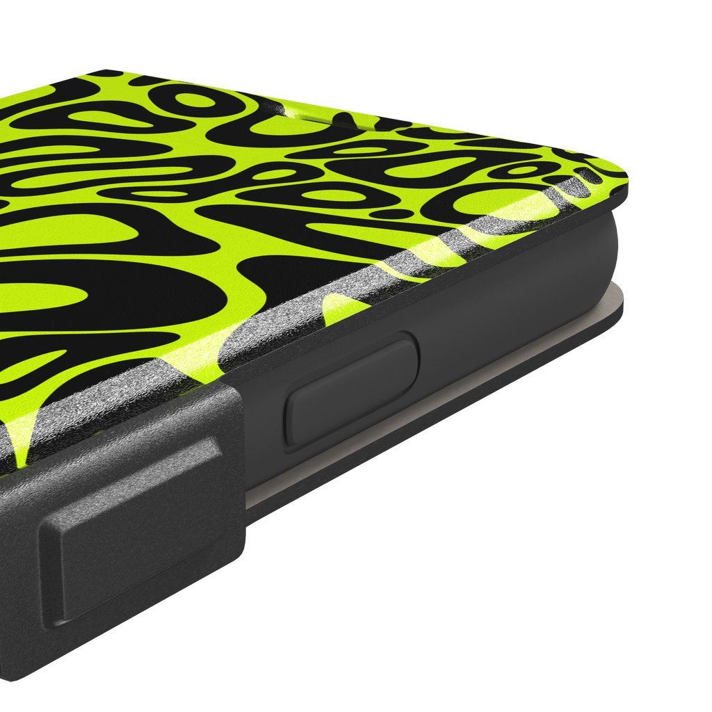 Norris Pattern phone case in neon yellow and black with fluid swirling abstract shapes covering the full back, phone case by Caselier — wallet case, volume buttons detail