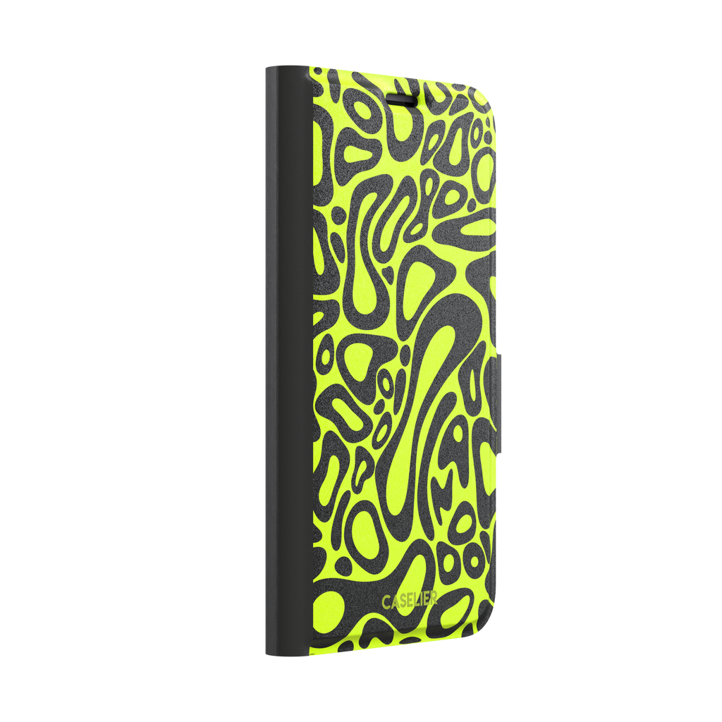 Norris Pattern phone case in neon yellow and black with fluid swirling abstract shapes covering the full back, phone case by Caselier — wallet case, left view