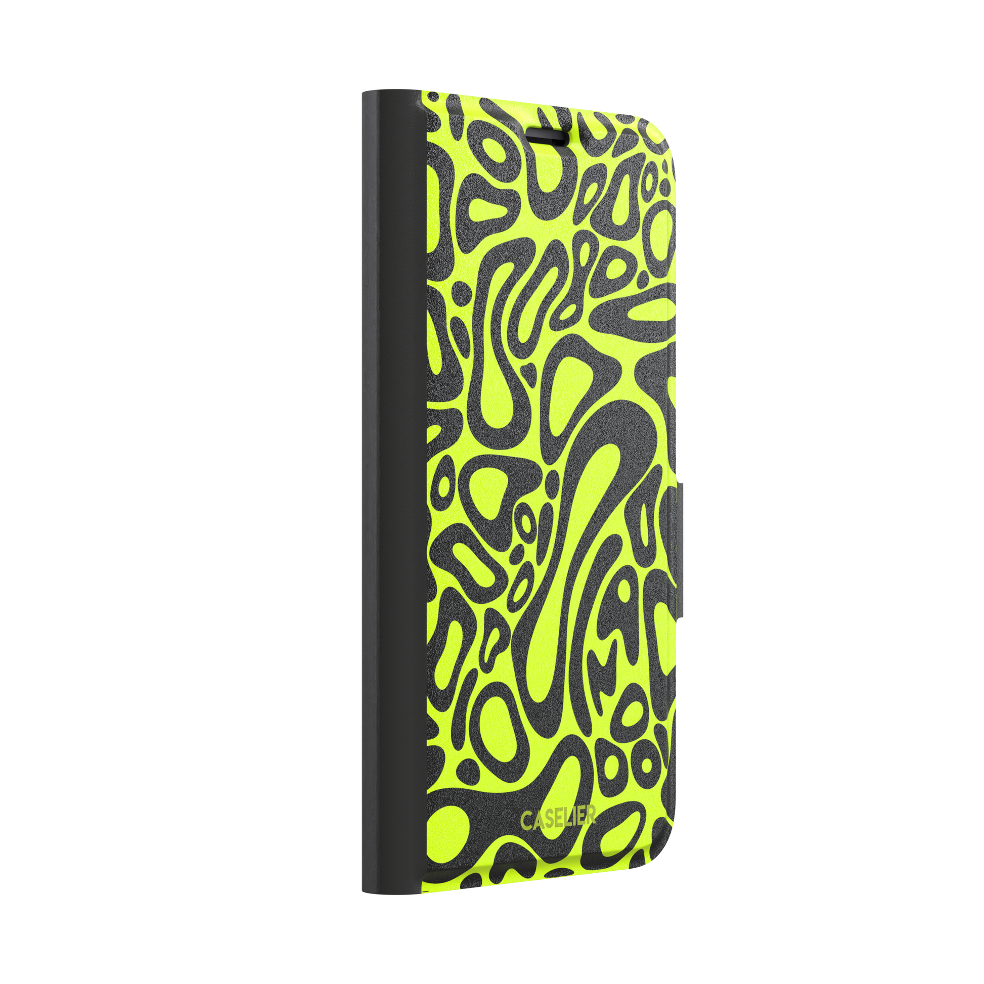 Norris Pattern phone case in neon yellow and black with fluid swirling abstract shapes covering the full back, phone case by Caselier — wallet case, left view