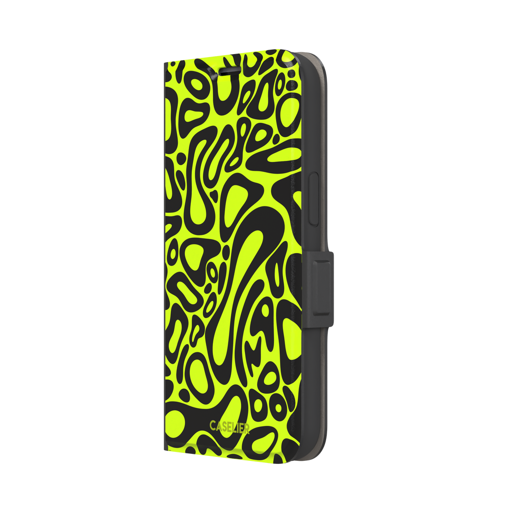 Norris Pattern phone case in neon yellow and black with fluid swirling abstract shapes covering the full back, phone case by Caselier — wallet case, right view