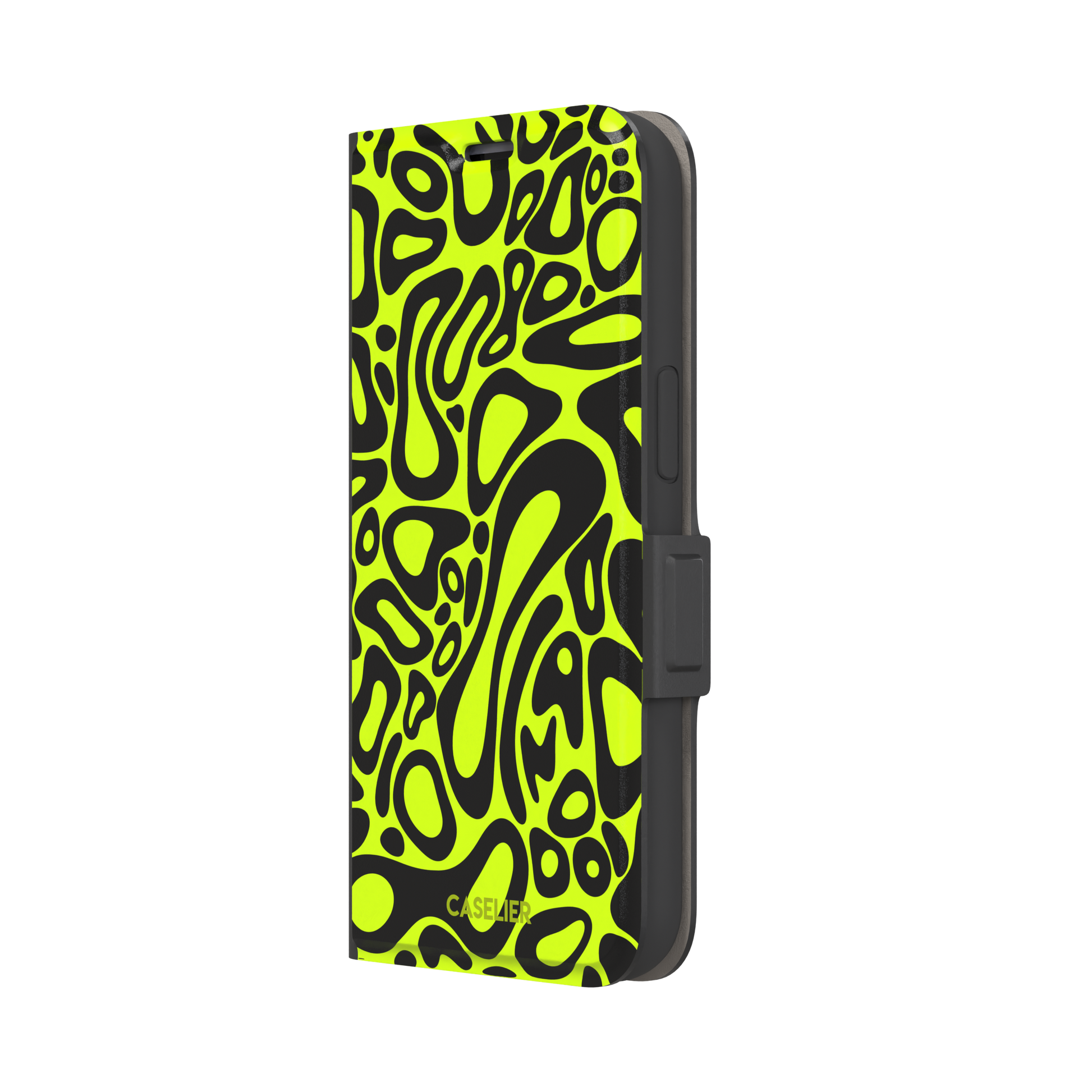 Norris Pattern phone case in neon yellow and black with fluid swirling abstract shapes covering the full back, phone case by Caselier — wallet case, right view