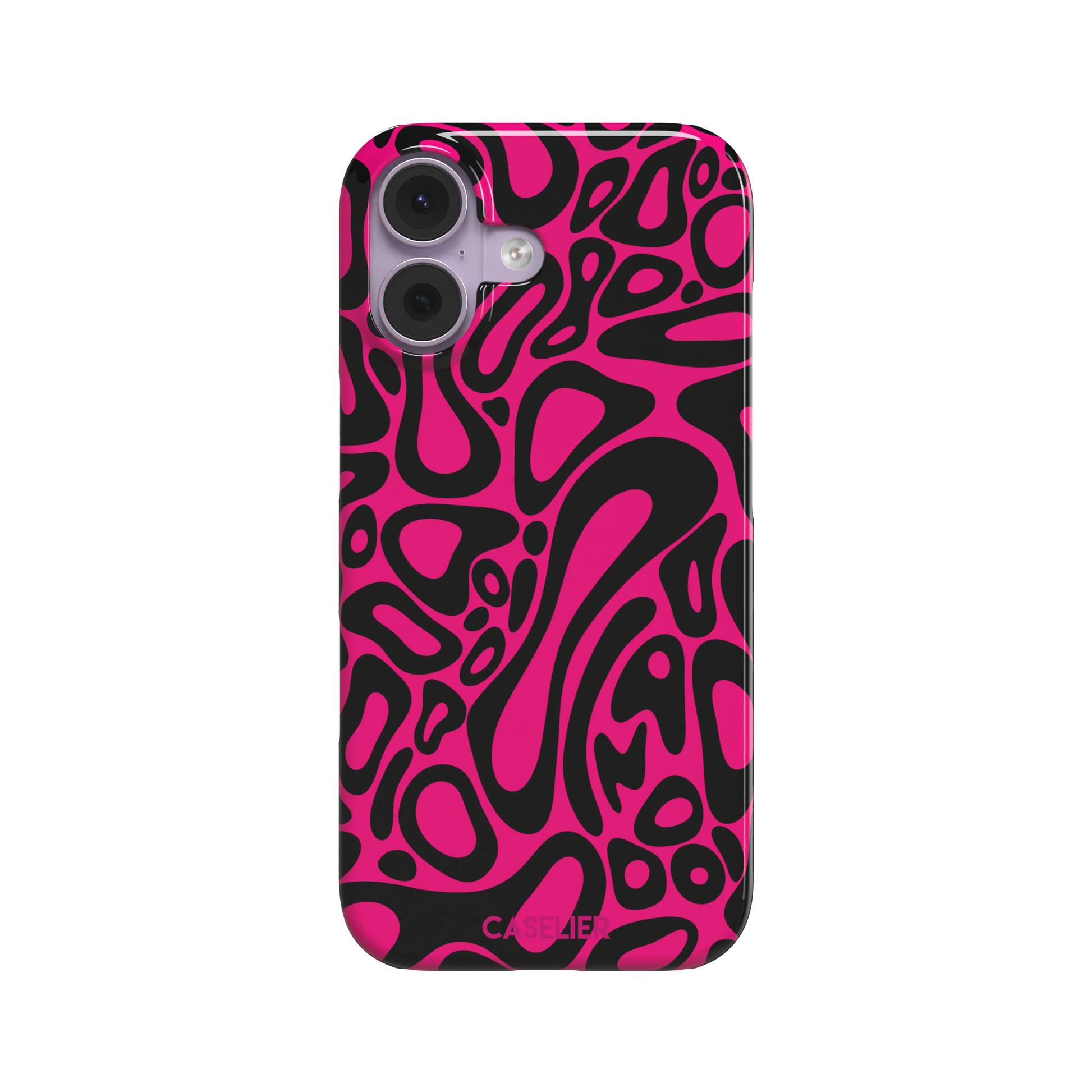 Norris Pattern phone case in hot pink and black with the same fluid swirling abstract design, phone case by Caselier — snap case, front view