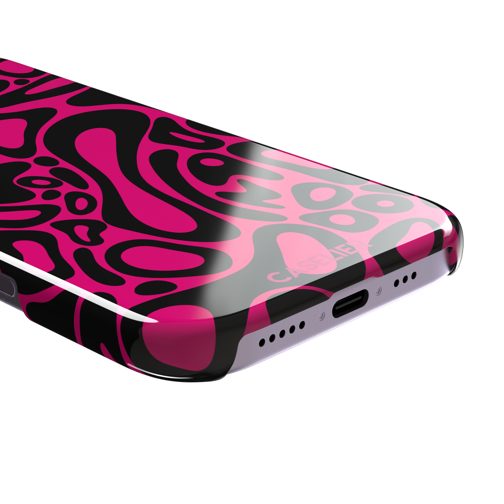 Norris Pattern phone case in hot pink and black with the same fluid swirling abstract design, phone case by Caselier — snap case, charging port detail