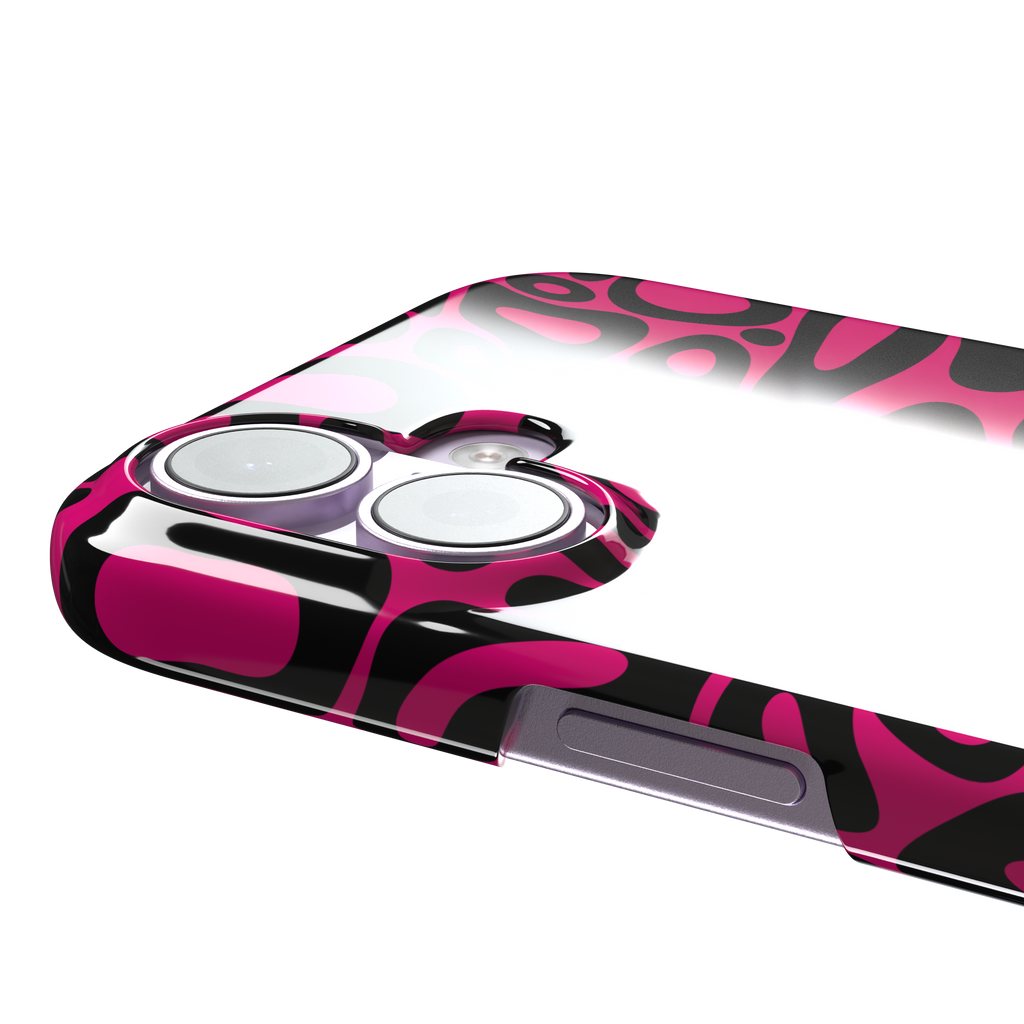 Norris Pattern phone case in hot pink and black with the same fluid swirling abstract design, phone case by Caselier — snap case, volume buttons detail