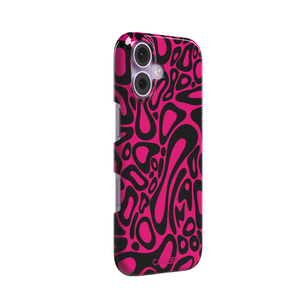 Norris Pattern phone case in hot pink and black with the same fluid swirling abstract design, phone case by Caselier — snap case, left view
