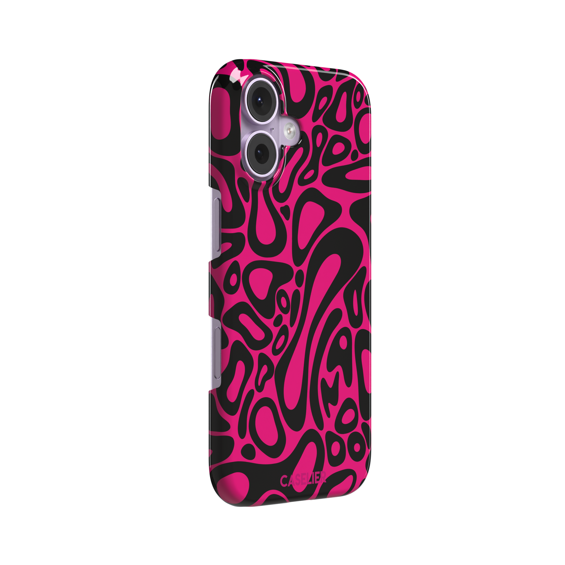 Norris Pattern phone case in hot pink and black with the same fluid swirling abstract design, phone case by Caselier — snap case, left view