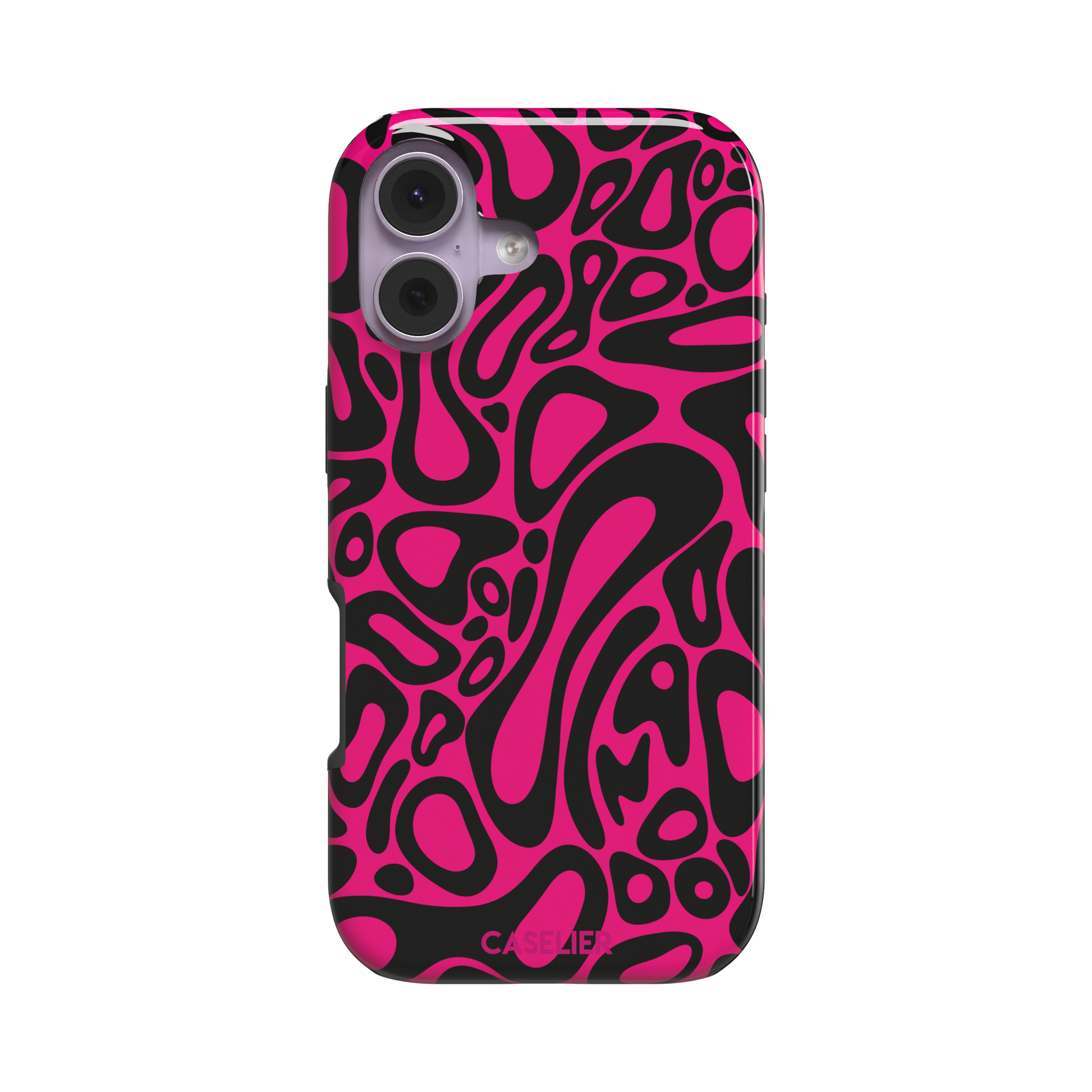 Norris Pattern phone case in hot pink and black with the same fluid swirling abstract design, phone case by Caselier — tough case, front view