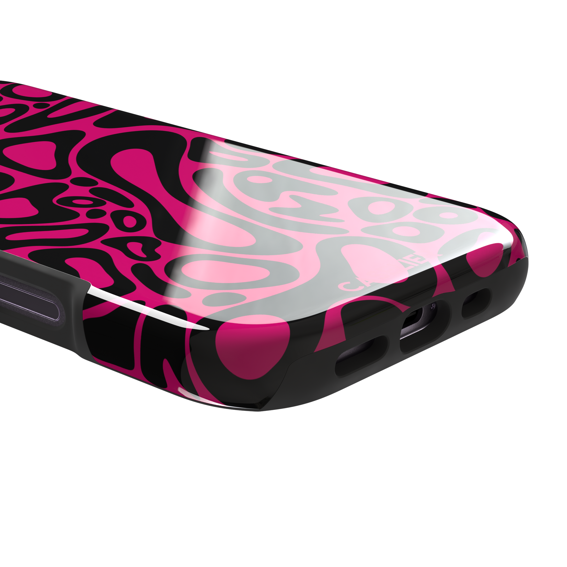 Norris Pattern phone case in hot pink and black with the same fluid swirling abstract design, phone case by Caselier — tough case, charging port detail