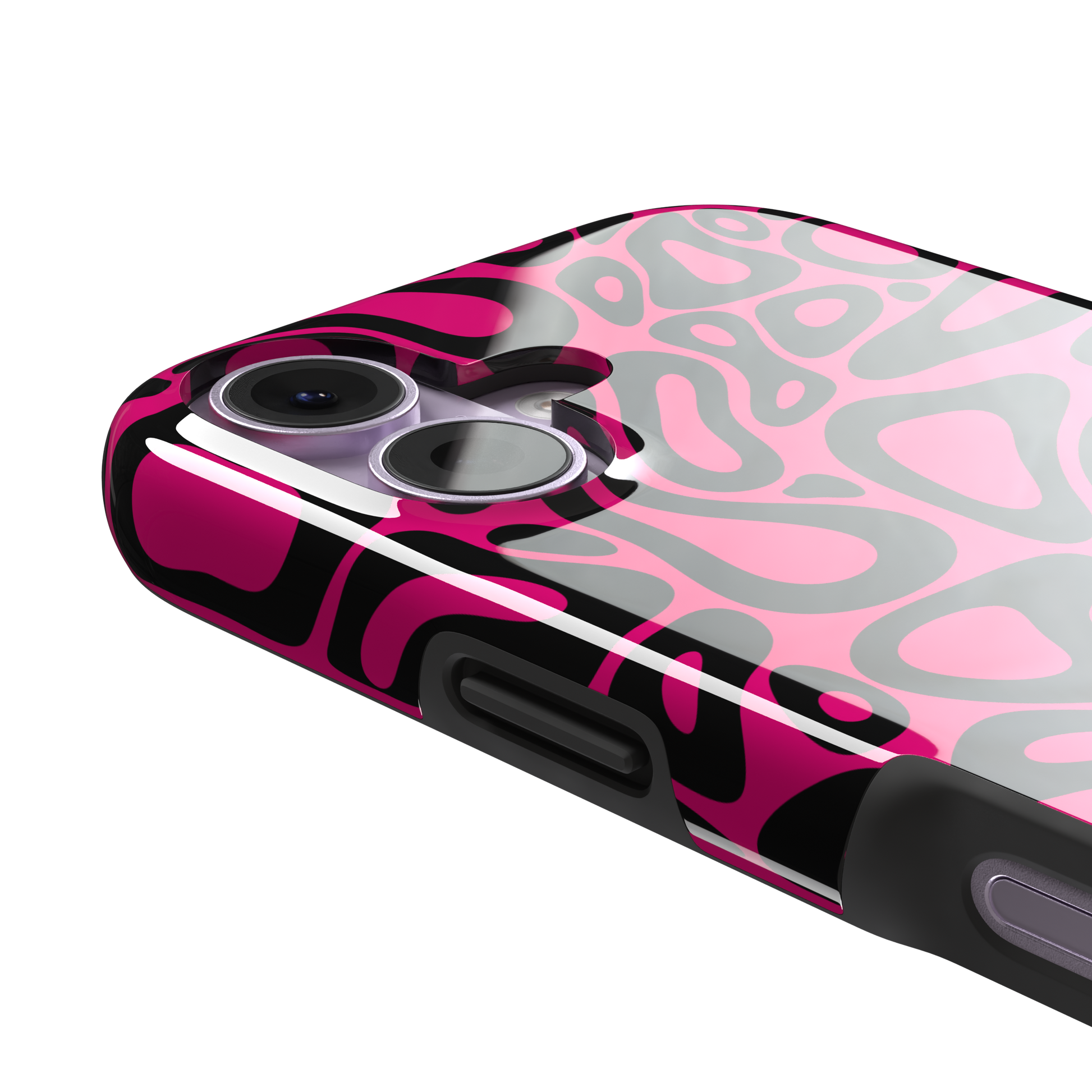 Norris Pattern phone case in hot pink and black with the same fluid swirling abstract design, phone case by Caselier — tough case, volume buttons detail