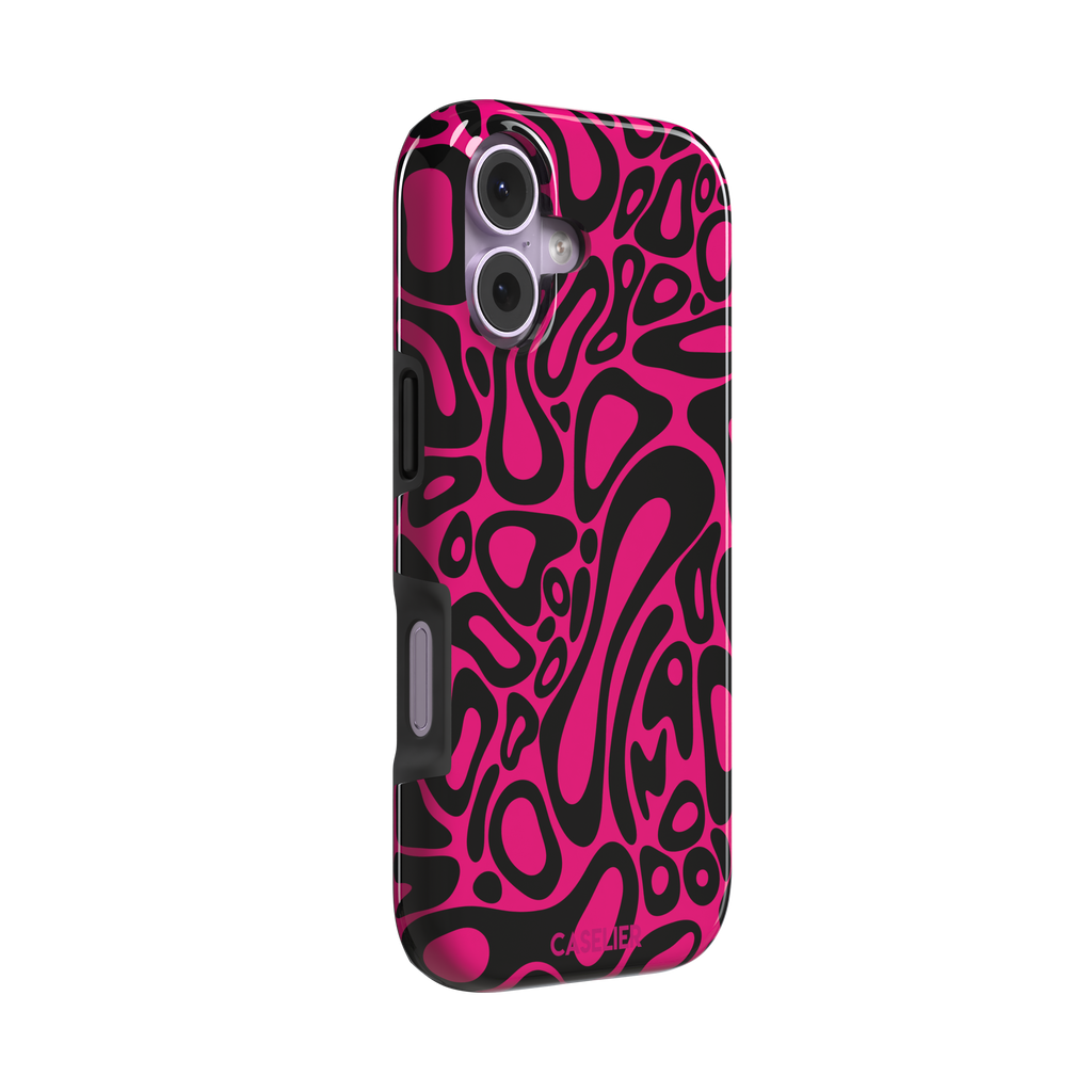 Norris Pattern phone case in hot pink and black with the same fluid swirling abstract design, phone case by Caselier — tough case, left view