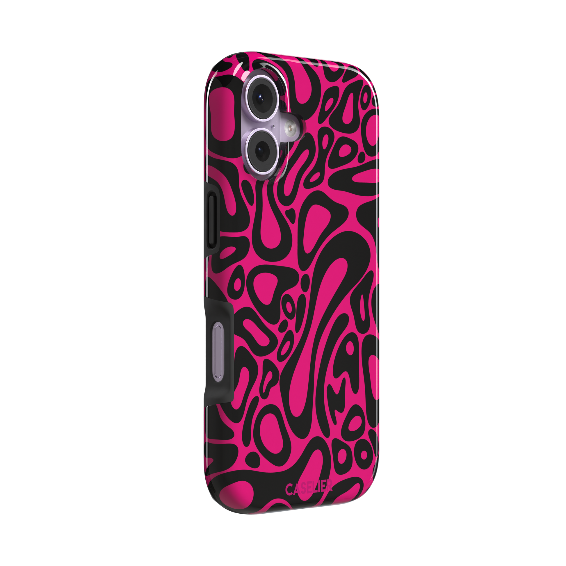 Norris Pattern phone case in hot pink and black with the same fluid swirling abstract design, phone case by Caselier — tough case, left view