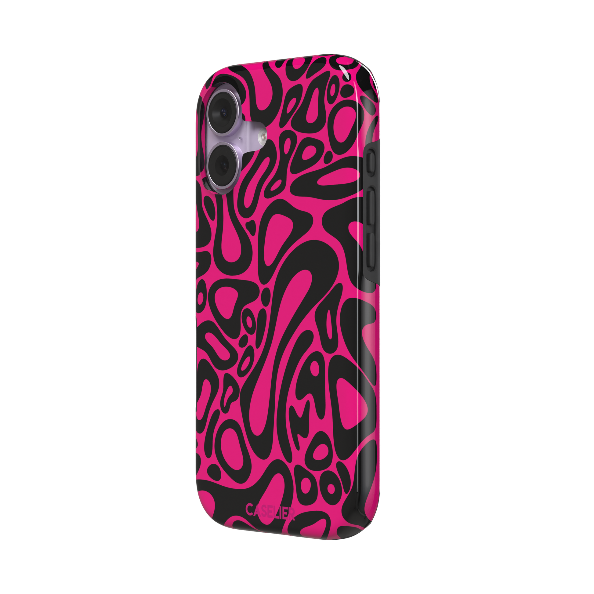 Norris Pattern phone case in hot pink and black with the same fluid swirling abstract design, phone case by Caselier — tough case, right view