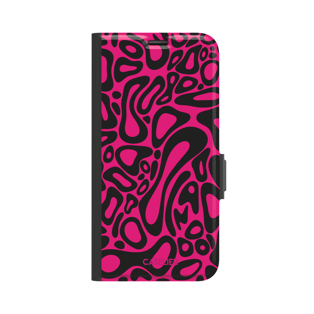 Norris Pattern phone case in hot pink and black with the same fluid swirling abstract design, phone case by Caselier — wallet case, front view
