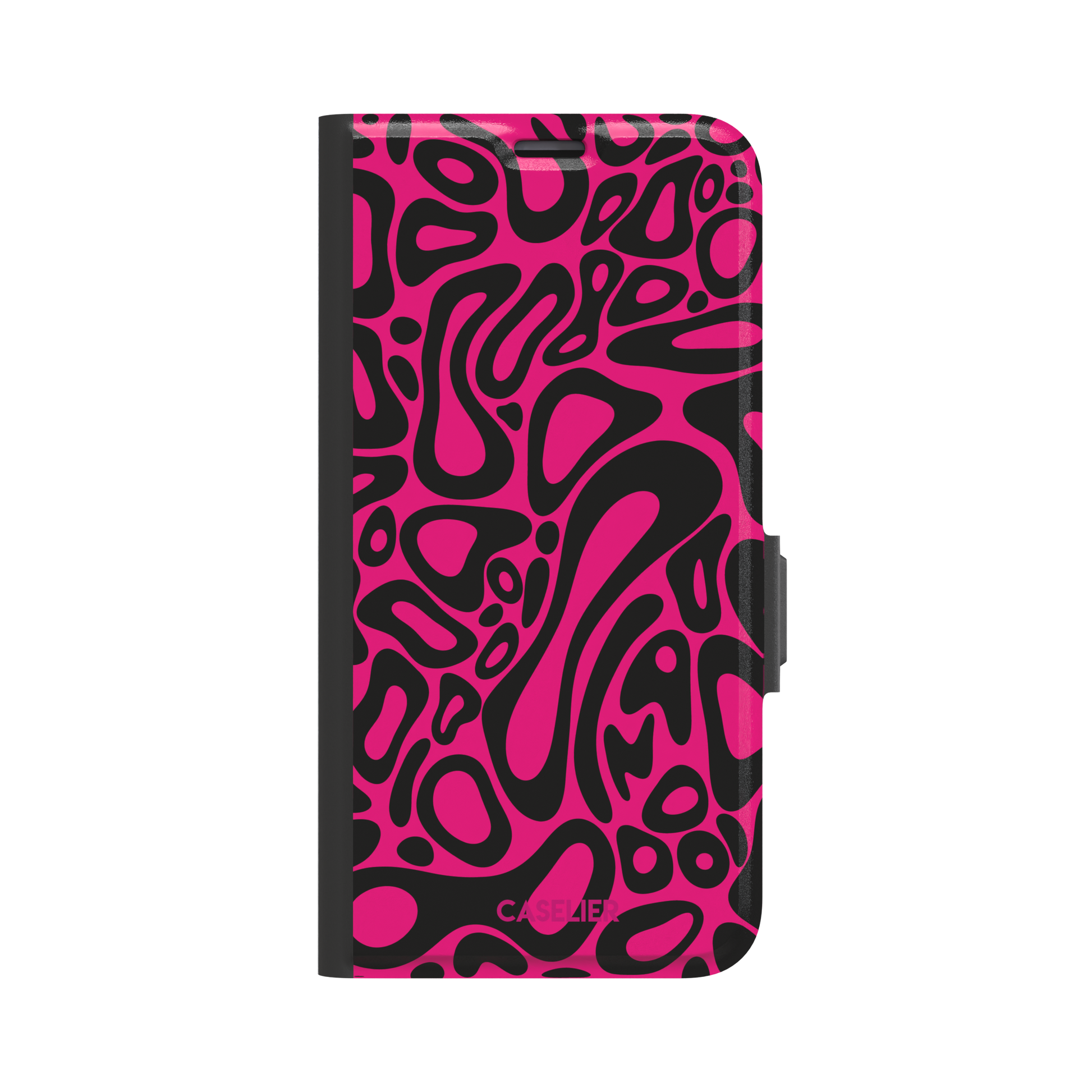 Norris Pattern phone case in hot pink and black with the same fluid swirling abstract design, phone case by Caselier — wallet case, front view
