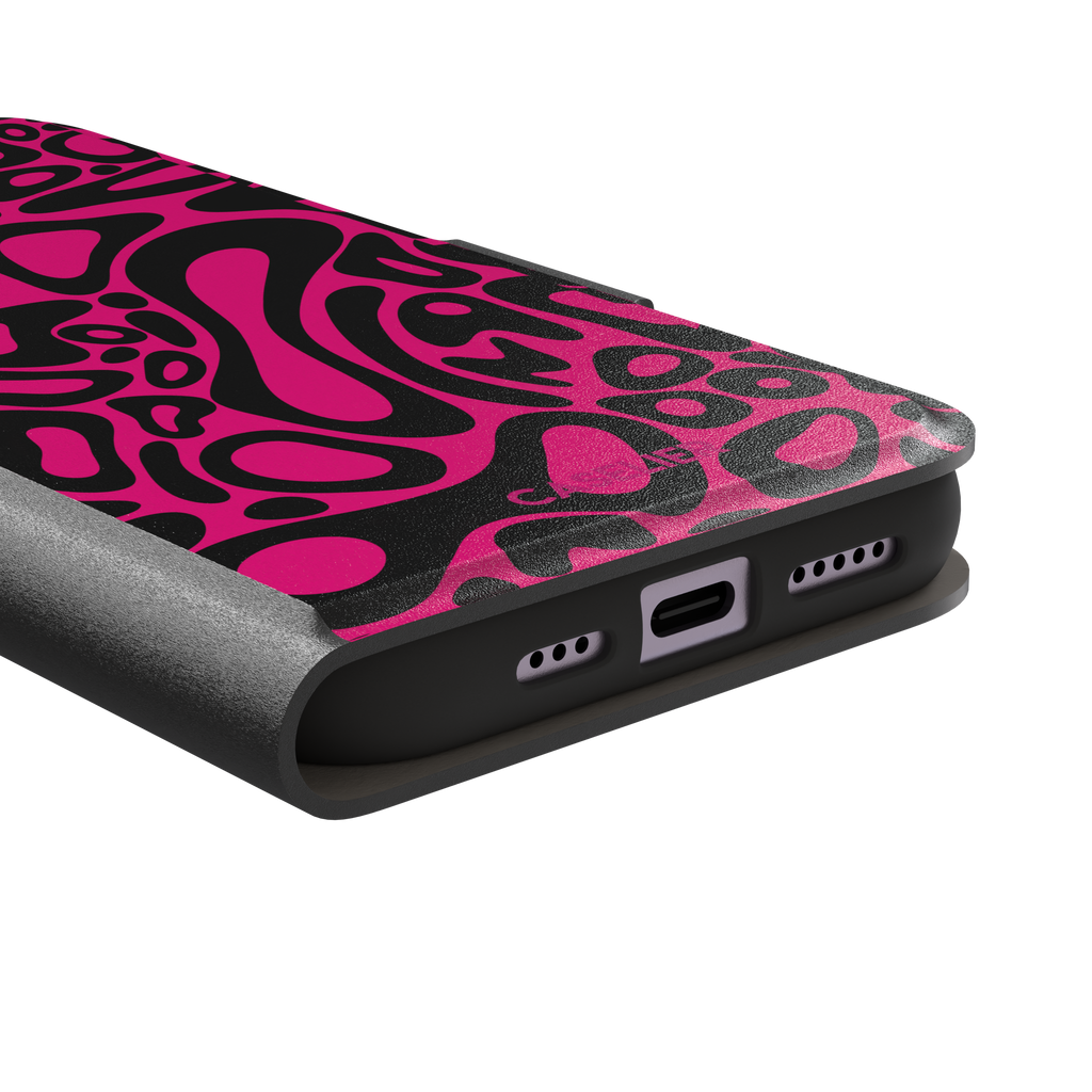 Norris Pattern phone case in hot pink and black with the same fluid swirling abstract design, phone case by Caselier — wallet case, charging port detail