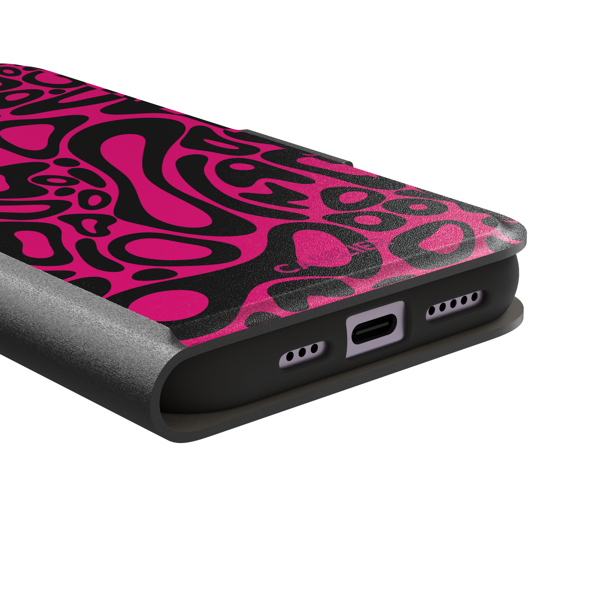 Norris Pattern phone case in hot pink and black with the same fluid swirling abstract design, phone case by Caselier — wallet case, charging port detail