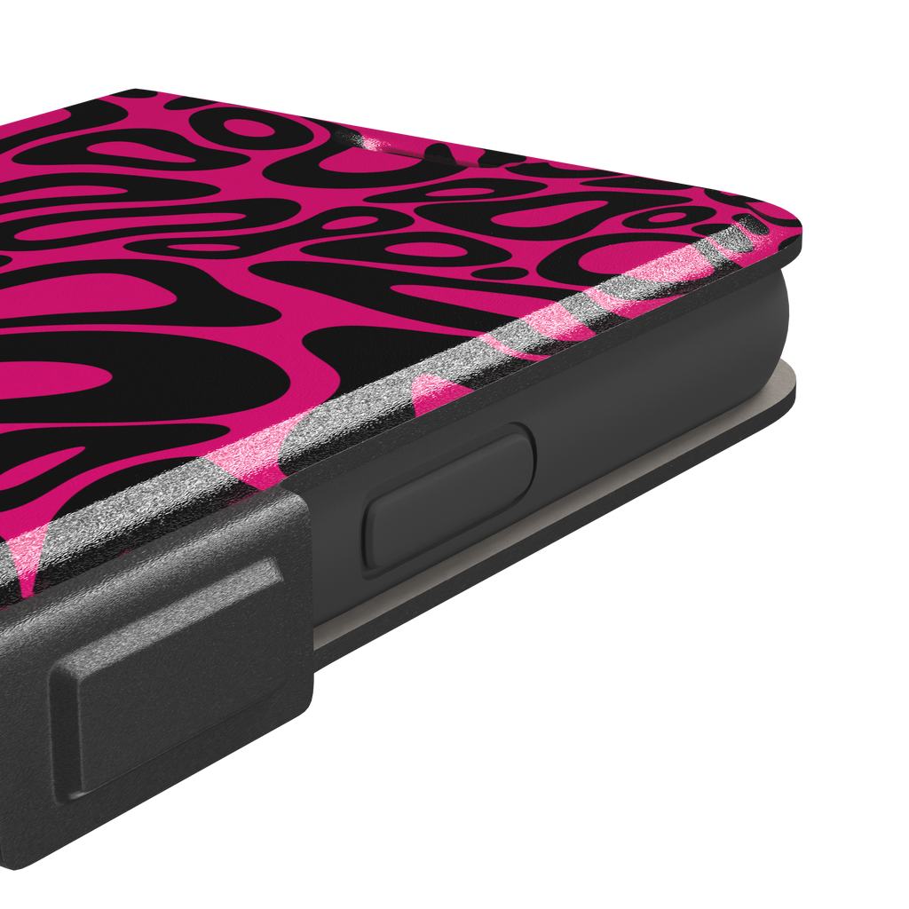 Norris Pattern phone case in hot pink and black with the same fluid swirling abstract design, phone case by Caselier — wallet case, volume buttons detail