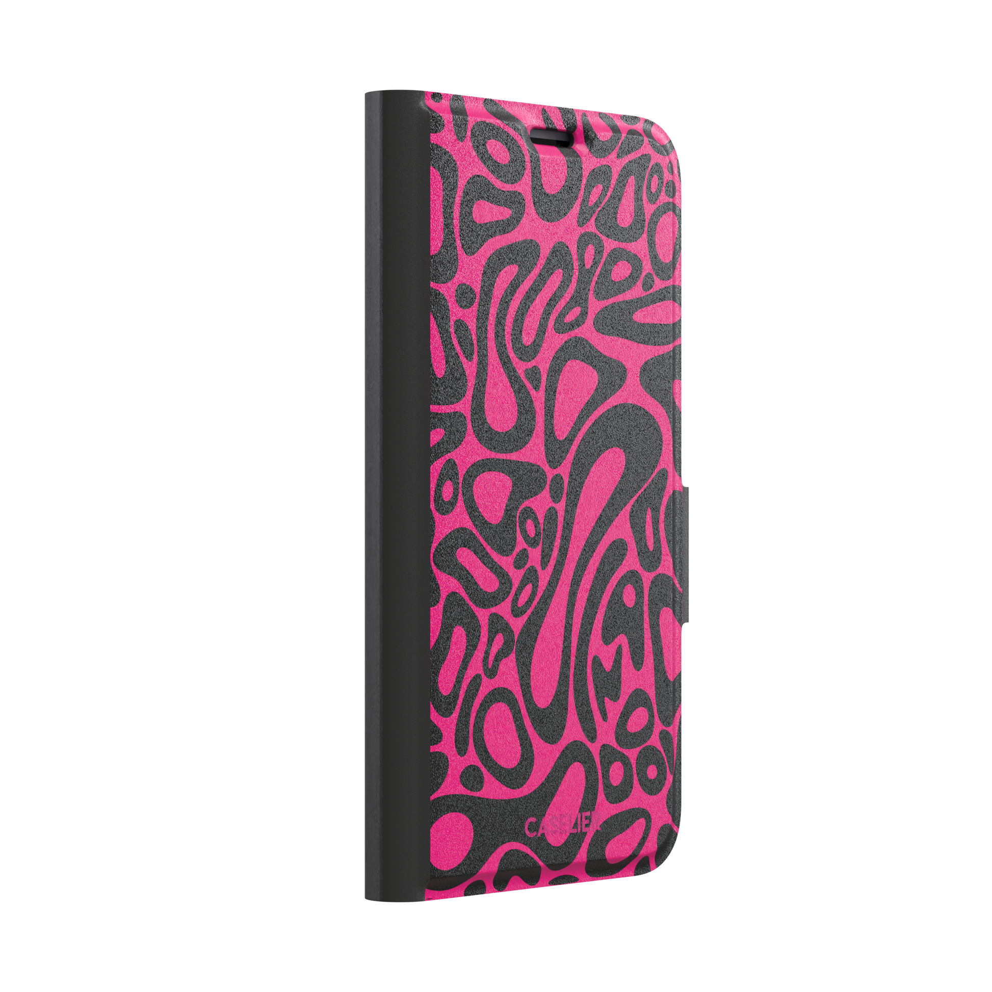 Norris Pattern phone case in hot pink and black with the same fluid swirling abstract design, phone case by Caselier — wallet case, left view