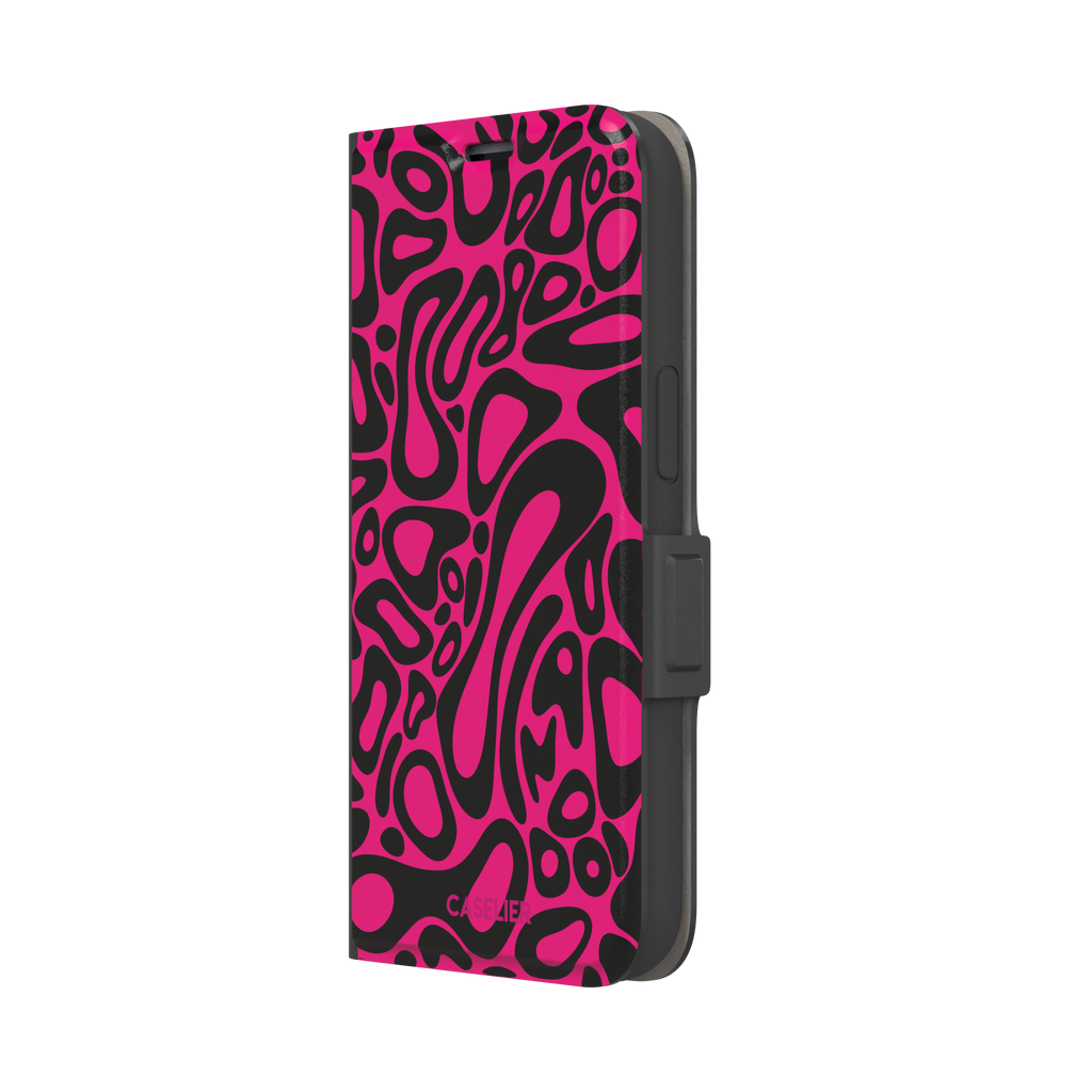 Norris Pattern phone case in hot pink and black with the same fluid swirling abstract design, phone case by Caselier — wallet case, right view