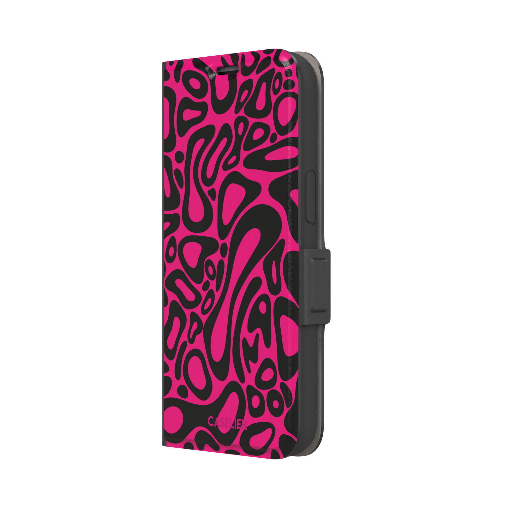 Norris Pattern phone case in hot pink and black with the same fluid swirling abstract design, phone case by Caselier — wallet case, right view