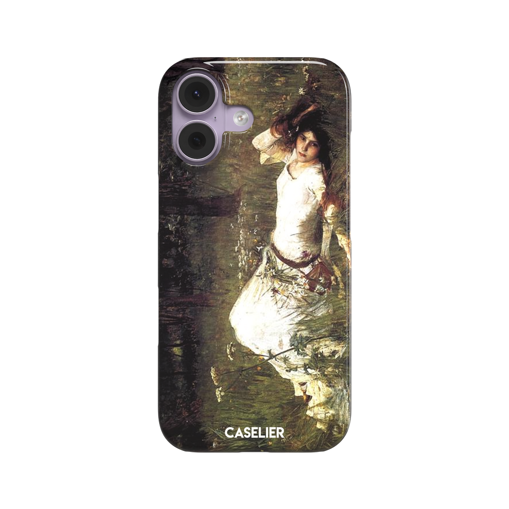Ophelia by John William Waterhouse phone case featuring a white-dressed woman among dark green grasses and wildflowers in brooding Pre-Raphaelite oil painting style, phone case by Caselier — snap case, front view