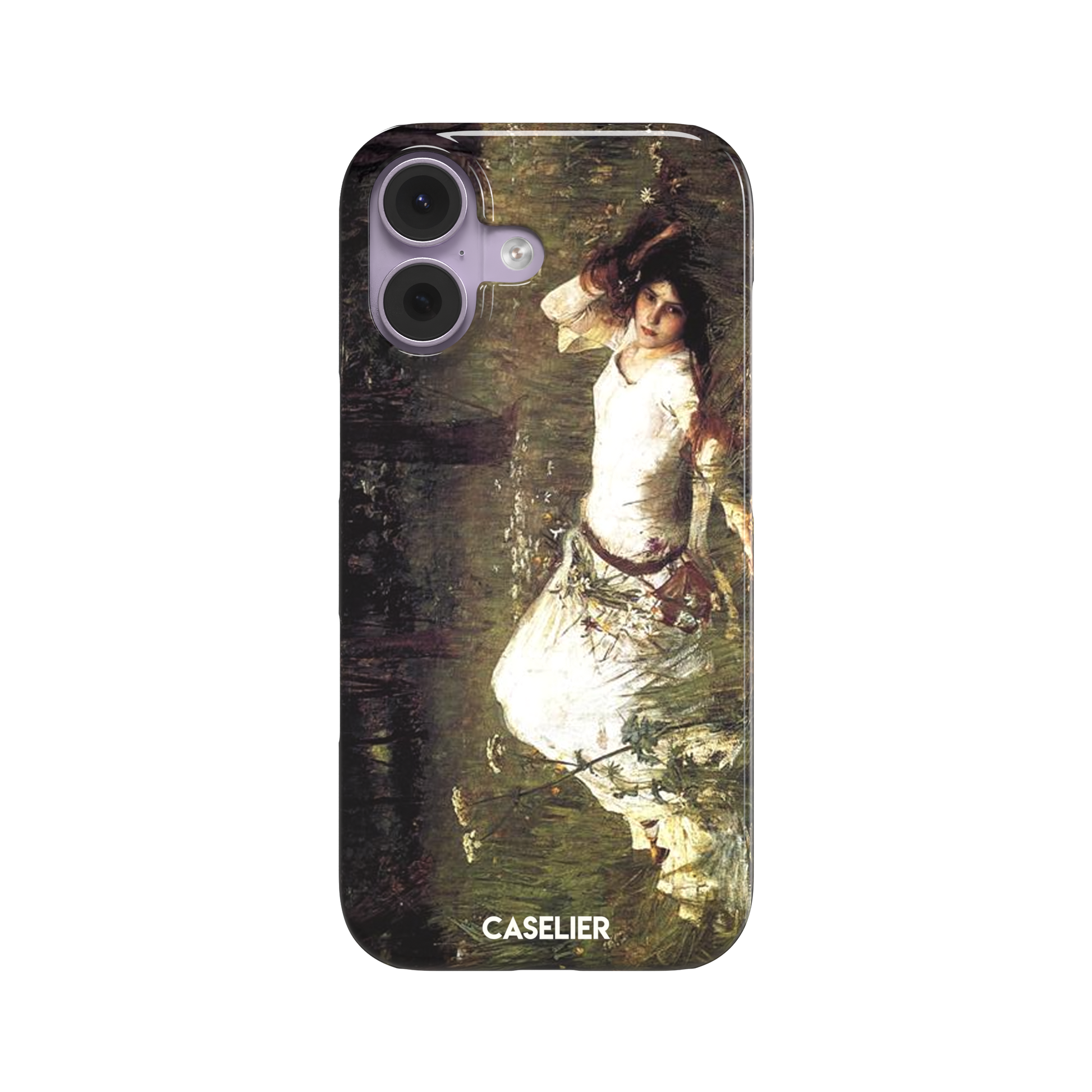 Ophelia by John William Waterhouse phone case featuring a white-dressed woman among dark green grasses and wildflowers in brooding Pre-Raphaelite oil painting style, phone case by Caselier — snap case, front view