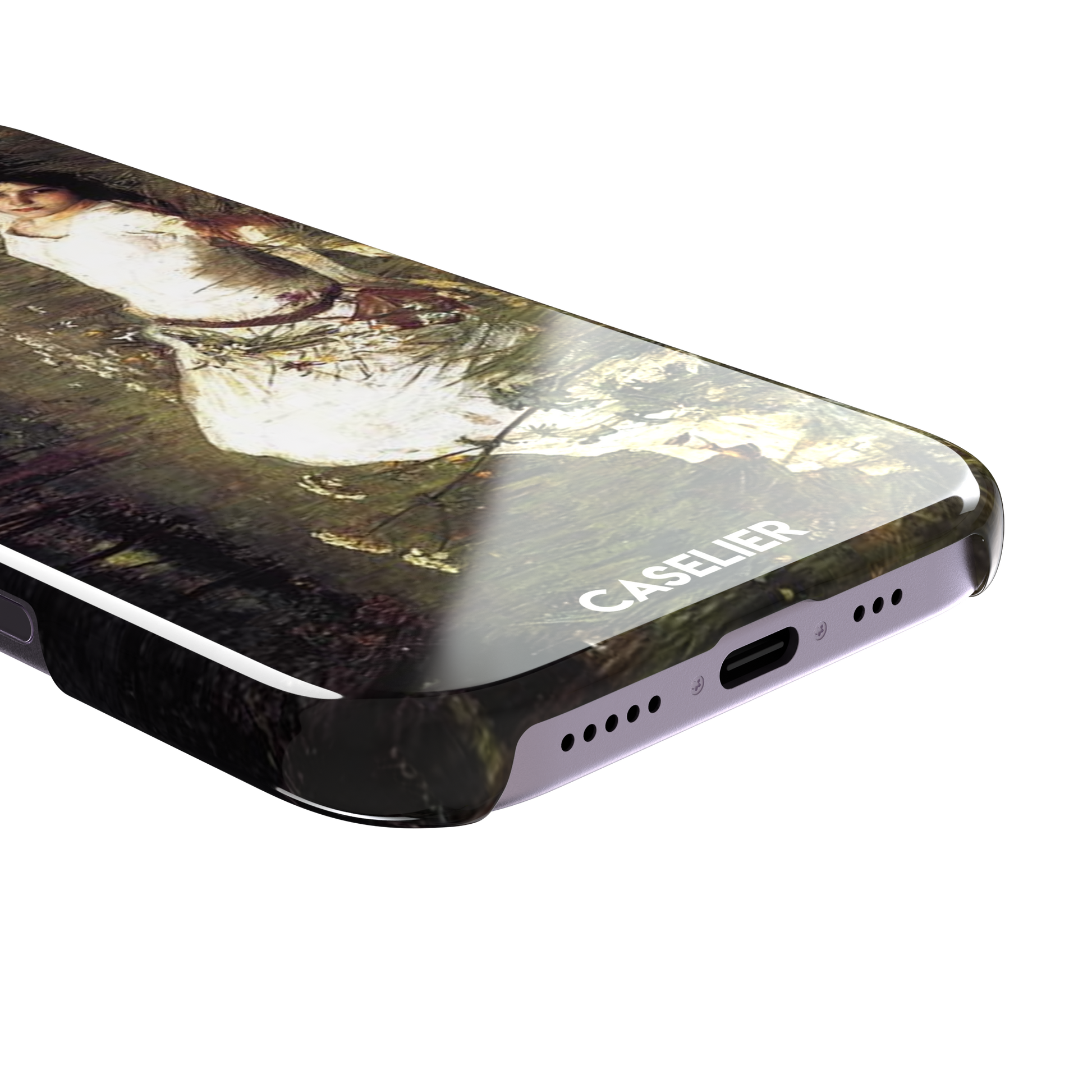 Ophelia by John William Waterhouse phone case featuring a white-dressed woman among dark green grasses and wildflowers in brooding Pre-Raphaelite oil painting style, phone case by Caselier — snap case, charging port detail