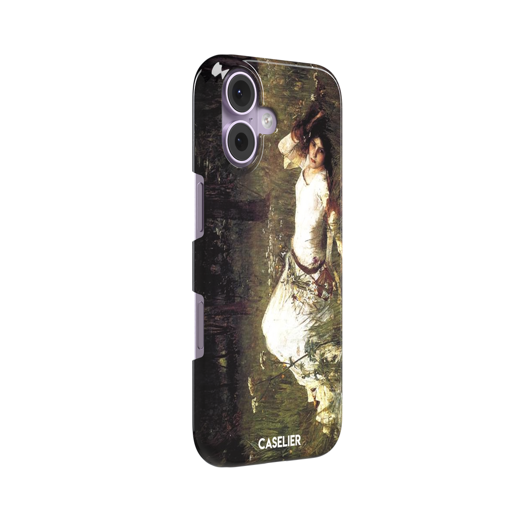 Ophelia by John William Waterhouse phone case featuring a white-dressed woman among dark green grasses and wildflowers in brooding Pre-Raphaelite oil painting style, phone case by Caselier — snap case, left view
