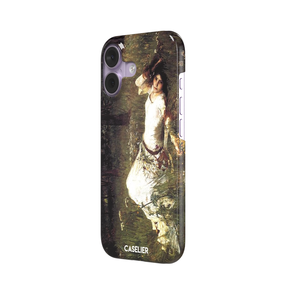 Ophelia by John William Waterhouse phone case featuring a white-dressed woman among dark green grasses and wildflowers in brooding Pre-Raphaelite oil painting style, phone case by Caselier — snap case, right view