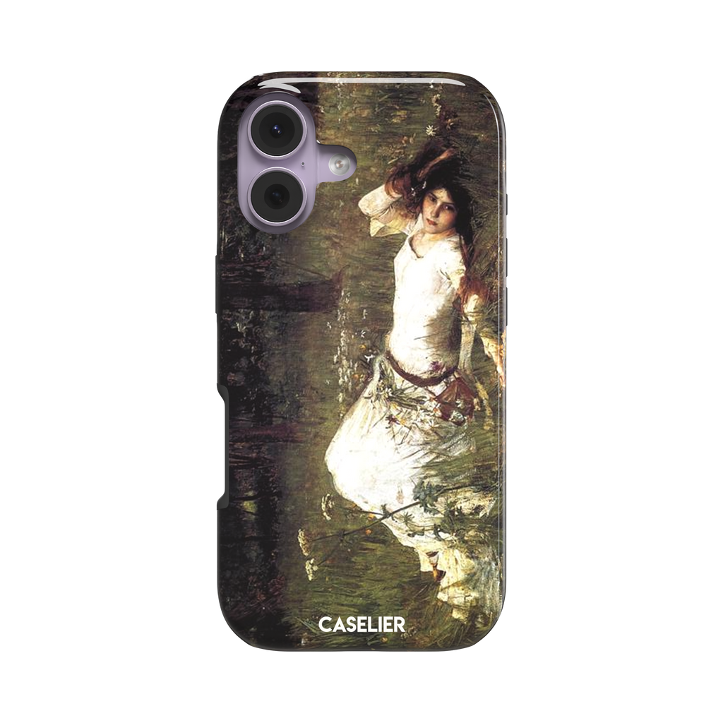 Ophelia by John William Waterhouse phone case featuring a white-dressed woman among dark green grasses and wildflowers in brooding Pre-Raphaelite oil painting style, phone case by Caselier — tough case, front view