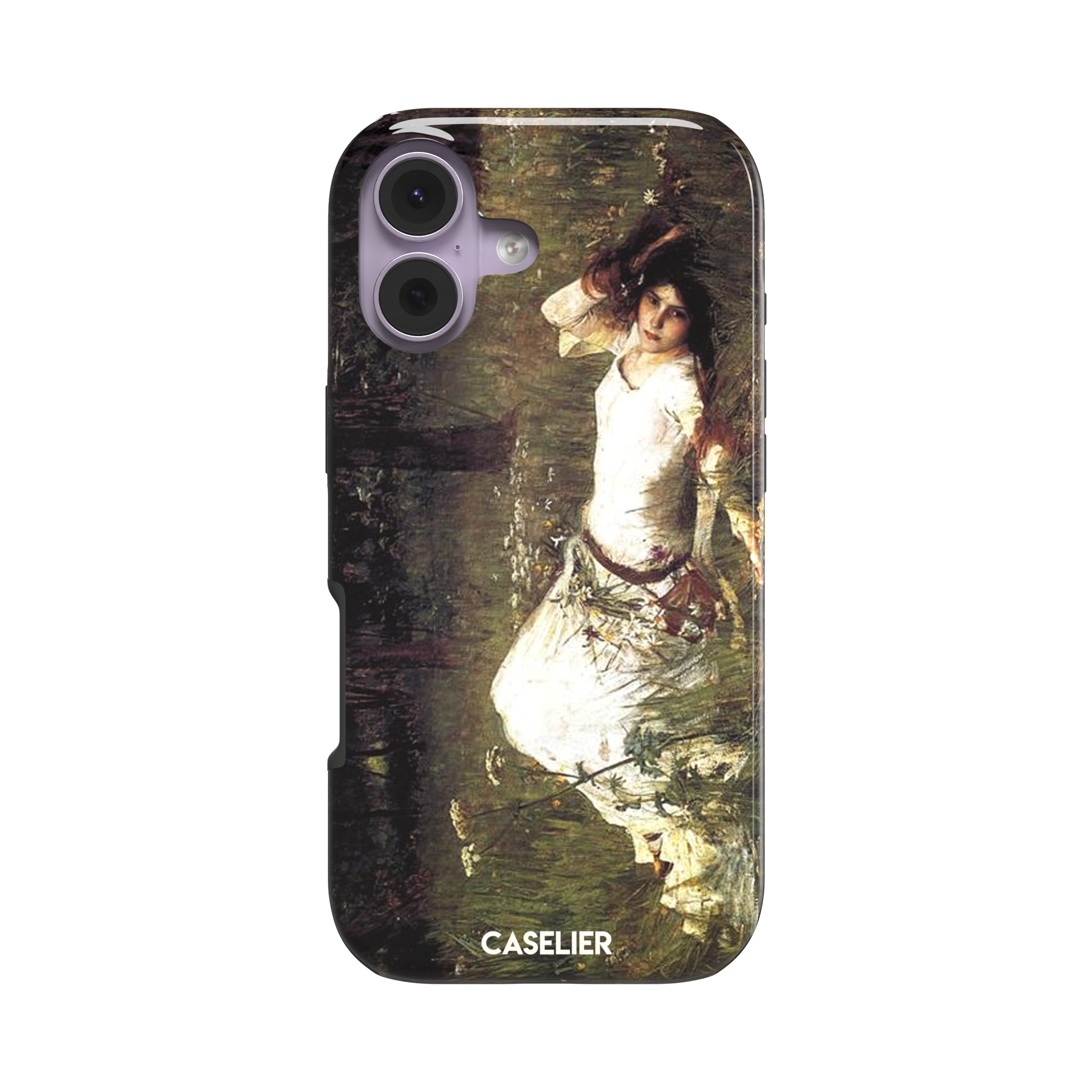 Ophelia by John William Waterhouse phone case featuring a white-dressed woman among dark green grasses and wildflowers in brooding Pre-Raphaelite oil painting style, phone case by Caselier — tough case, front view