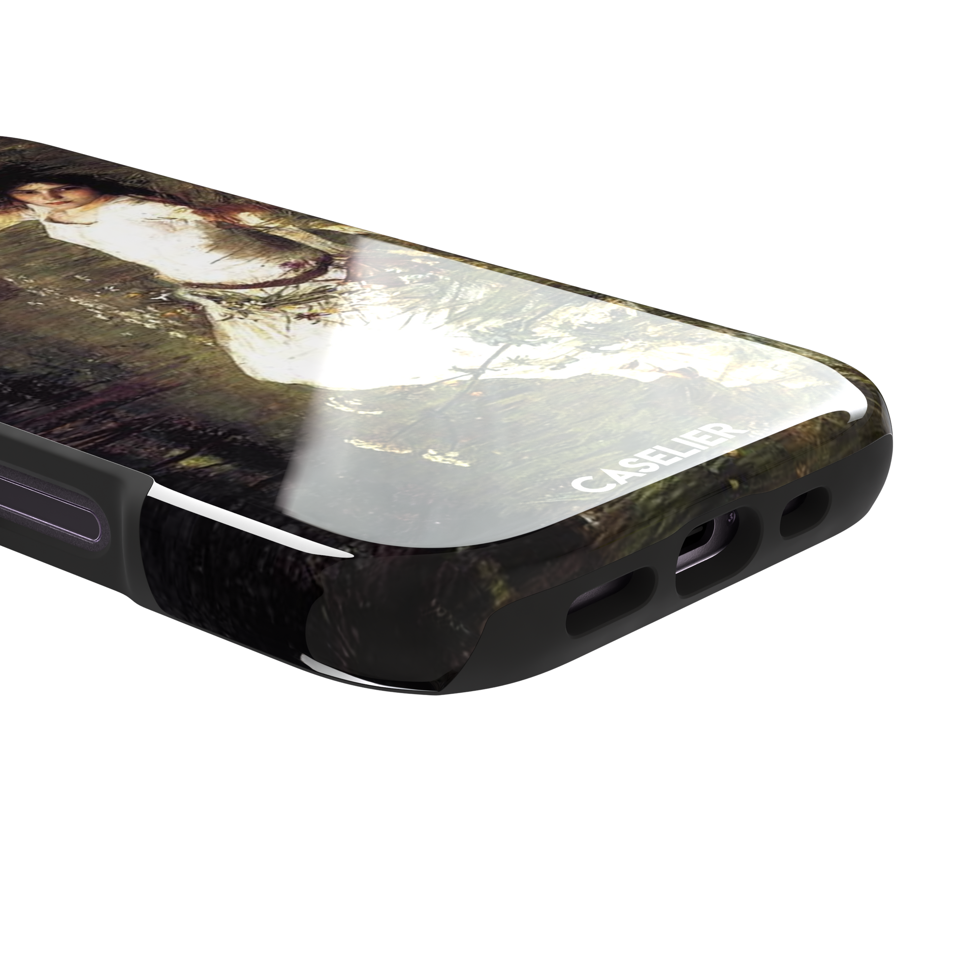 Ophelia by John William Waterhouse phone case featuring a white-dressed woman among dark green grasses and wildflowers in brooding Pre-Raphaelite oil painting style, phone case by Caselier — tough case, charging port detail