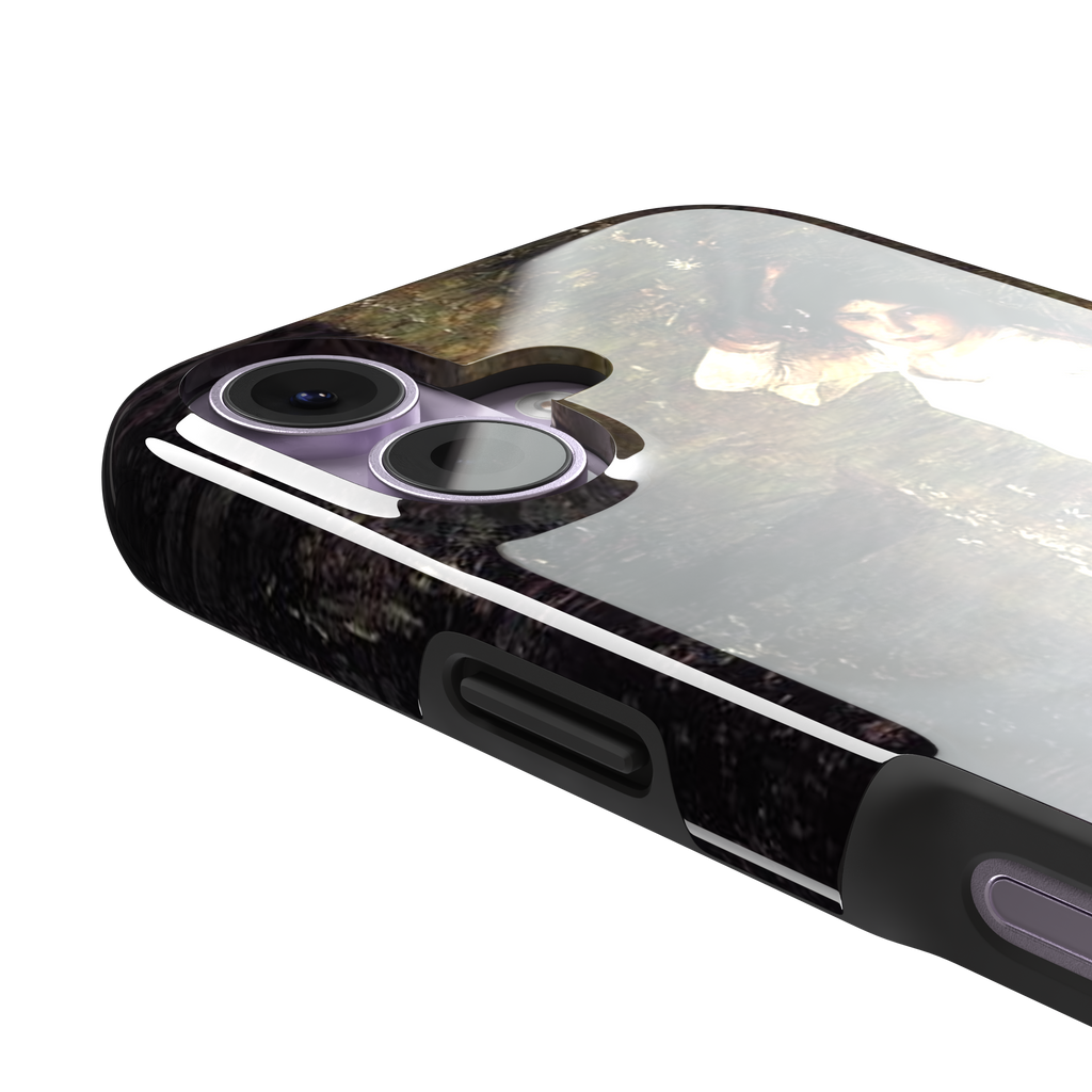 Ophelia by John William Waterhouse phone case featuring a white-dressed woman among dark green grasses and wildflowers in brooding Pre-Raphaelite oil painting style, phone case by Caselier — tough case, volume buttons detail