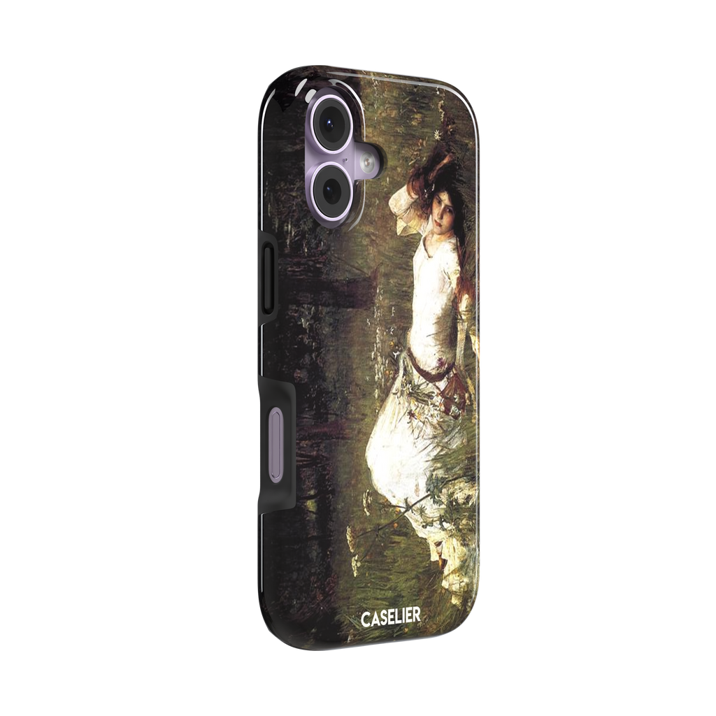 Ophelia by John William Waterhouse phone case featuring a white-dressed woman among dark green grasses and wildflowers in brooding Pre-Raphaelite oil painting style, phone case by Caselier — tough case, left view
