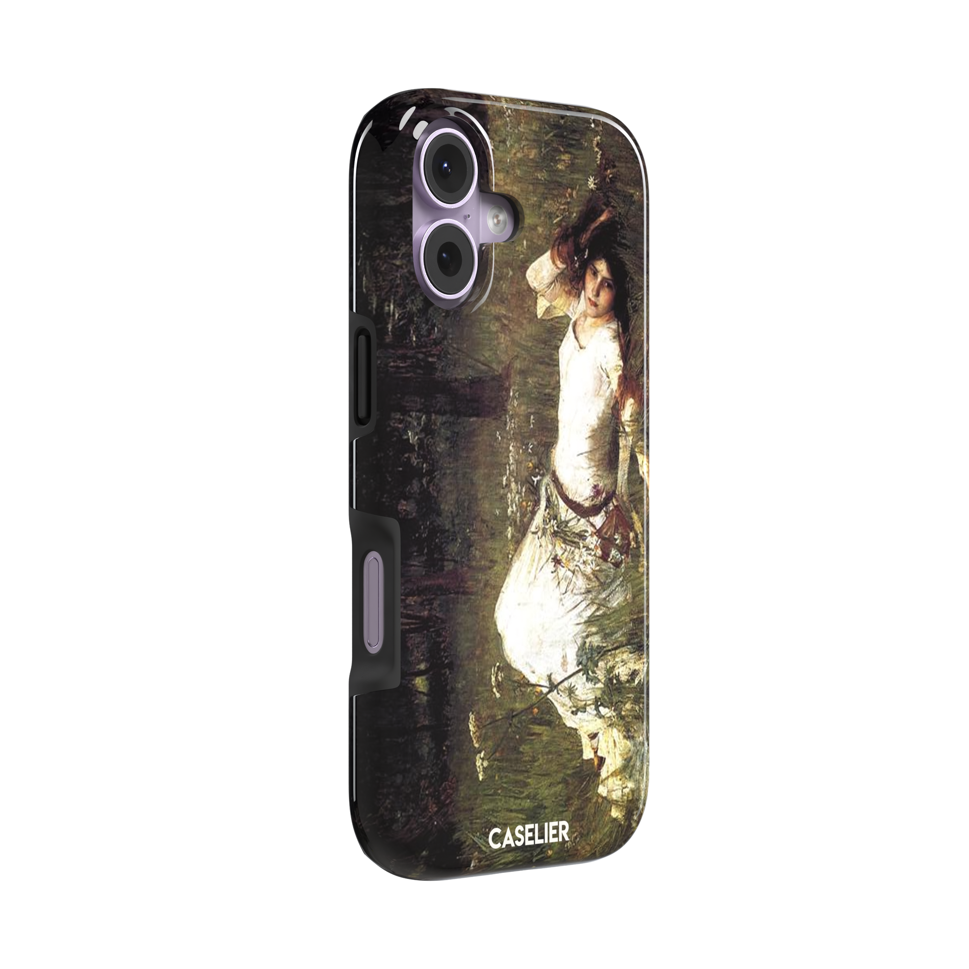 Ophelia by John William Waterhouse phone case featuring a white-dressed woman among dark green grasses and wildflowers in brooding Pre-Raphaelite oil painting style, phone case by Caselier — tough case, left view