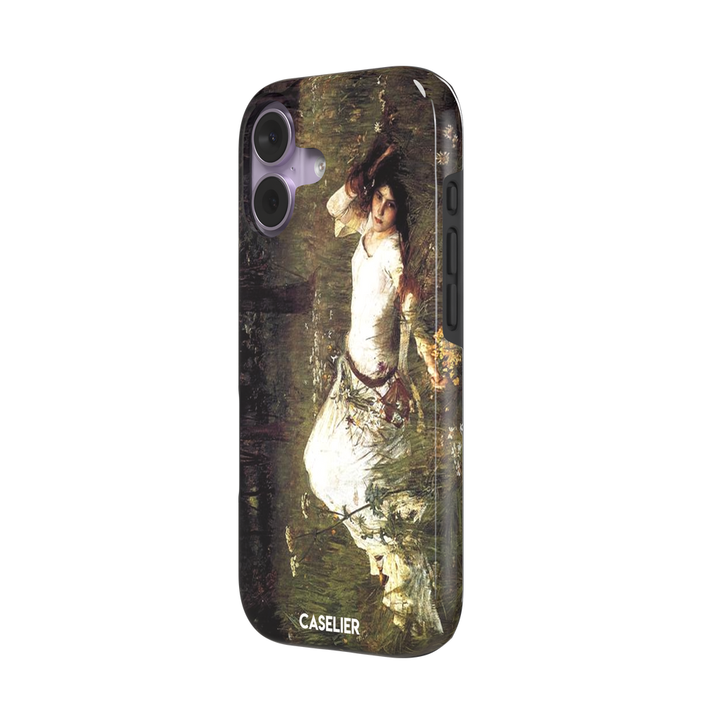Ophelia by John William Waterhouse phone case featuring a white-dressed woman among dark green grasses and wildflowers in brooding Pre-Raphaelite oil painting style, phone case by Caselier — tough case, right view