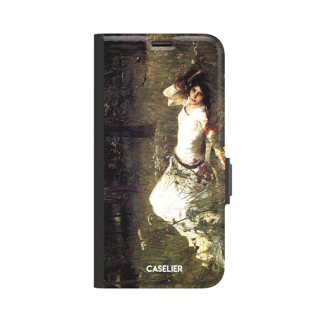 Ophelia by John William Waterhouse phone case featuring a white-dressed woman among dark green grasses and wildflowers in brooding Pre-Raphaelite oil painting style, phone case by Caselier — wallet case, front view