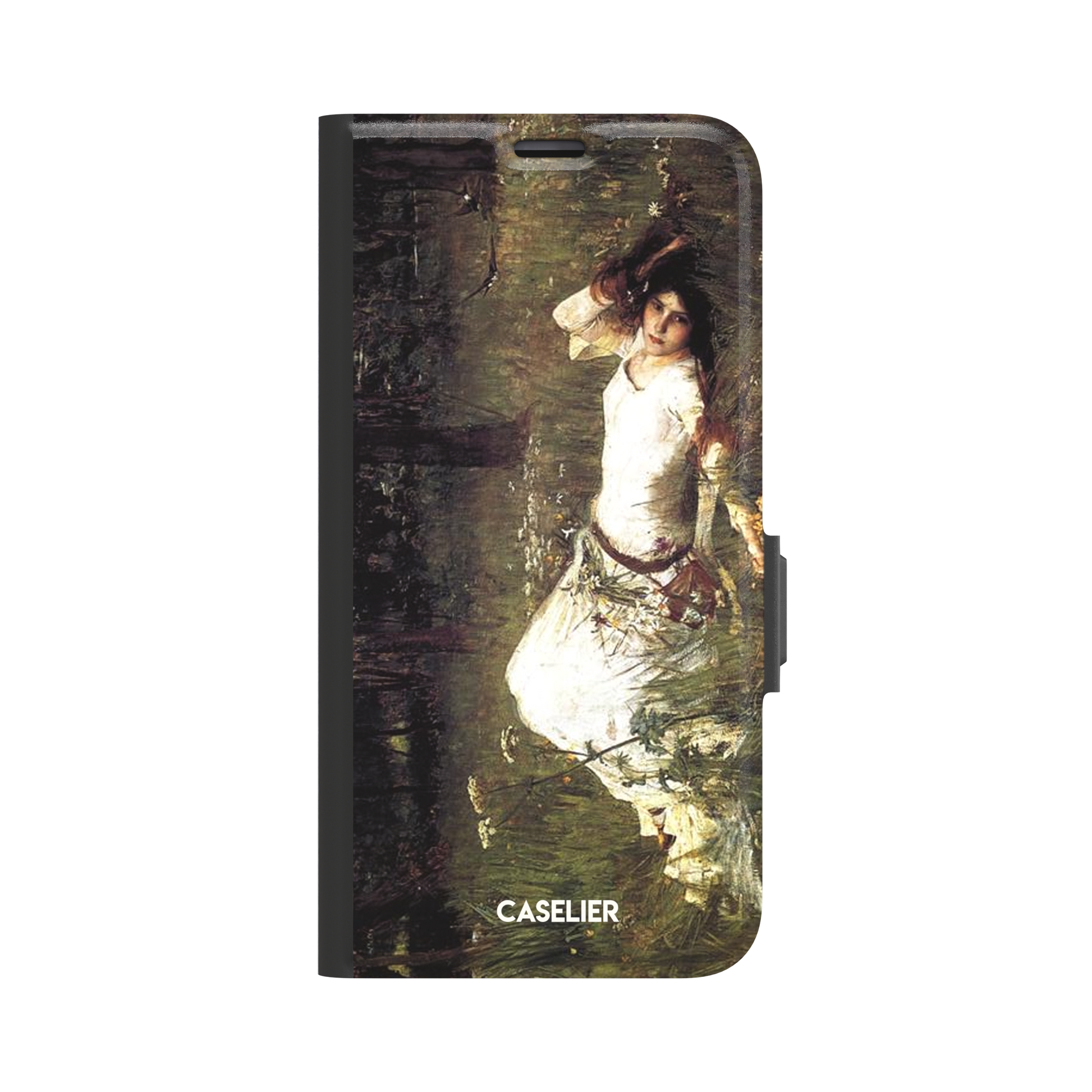 Ophelia by John William Waterhouse phone case featuring a white-dressed woman among dark green grasses and wildflowers in brooding Pre-Raphaelite oil painting style, phone case by Caselier — wallet case, front view