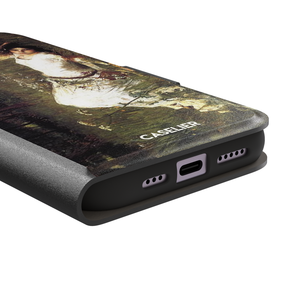 Ophelia by John William Waterhouse phone case featuring a white-dressed woman among dark green grasses and wildflowers in brooding Pre-Raphaelite oil painting style, phone case by Caselier — wallet case, charging port detail