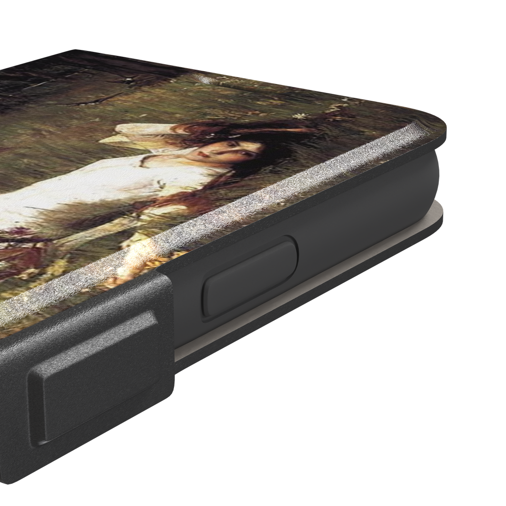 Ophelia by John William Waterhouse phone case featuring a white-dressed woman among dark green grasses and wildflowers in brooding Pre-Raphaelite oil painting style, phone case by Caselier — wallet case, volume buttons detail