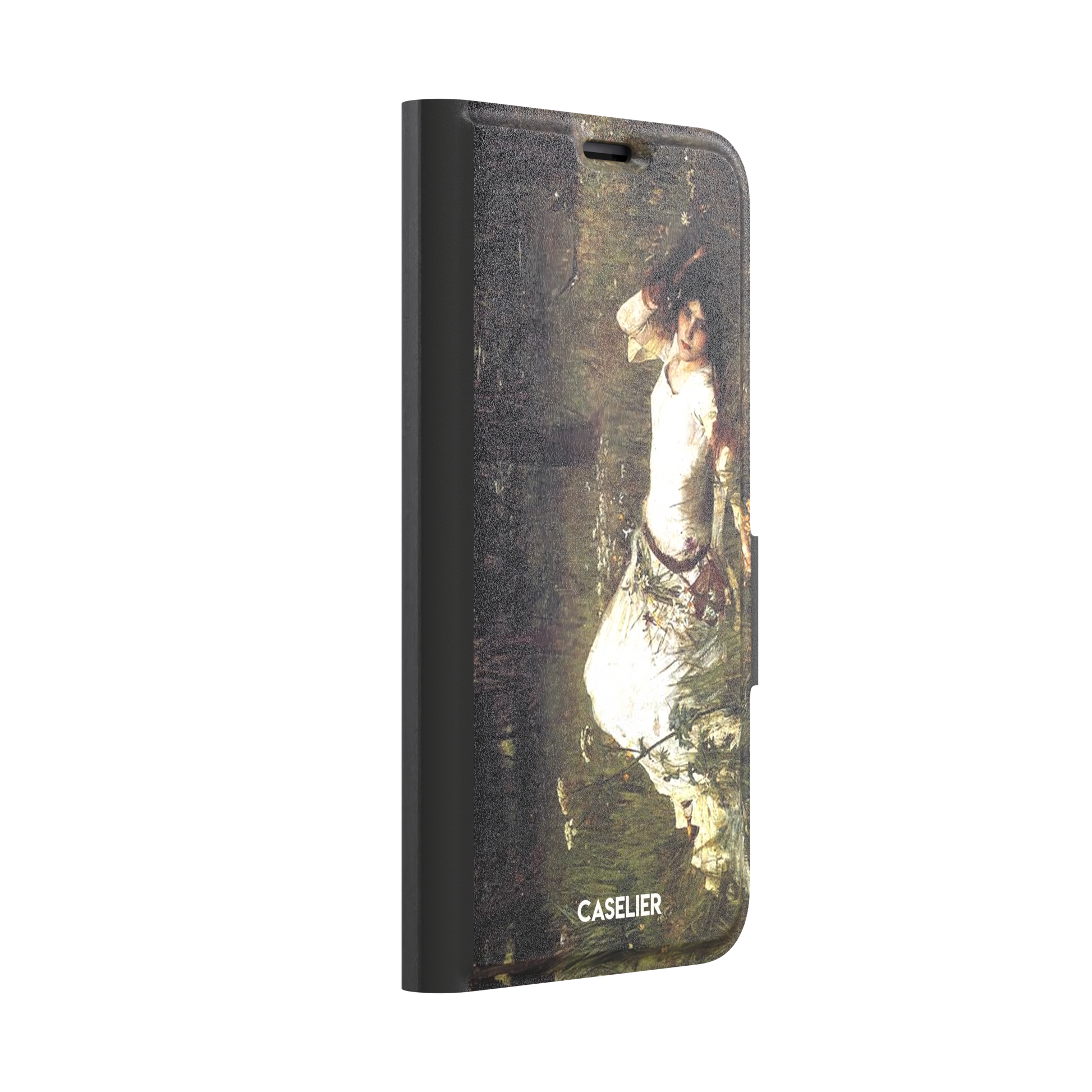 Ophelia by John William Waterhouse phone case featuring a white-dressed woman among dark green grasses and wildflowers in brooding Pre-Raphaelite oil painting style, phone case by Caselier — wallet case, left view
