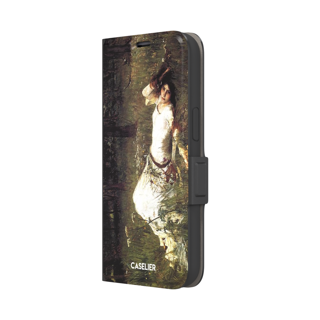 Ophelia by John William Waterhouse phone case featuring a white-dressed woman among dark green grasses and wildflowers in brooding Pre-Raphaelite oil painting style, phone case by Caselier — wallet case, right view