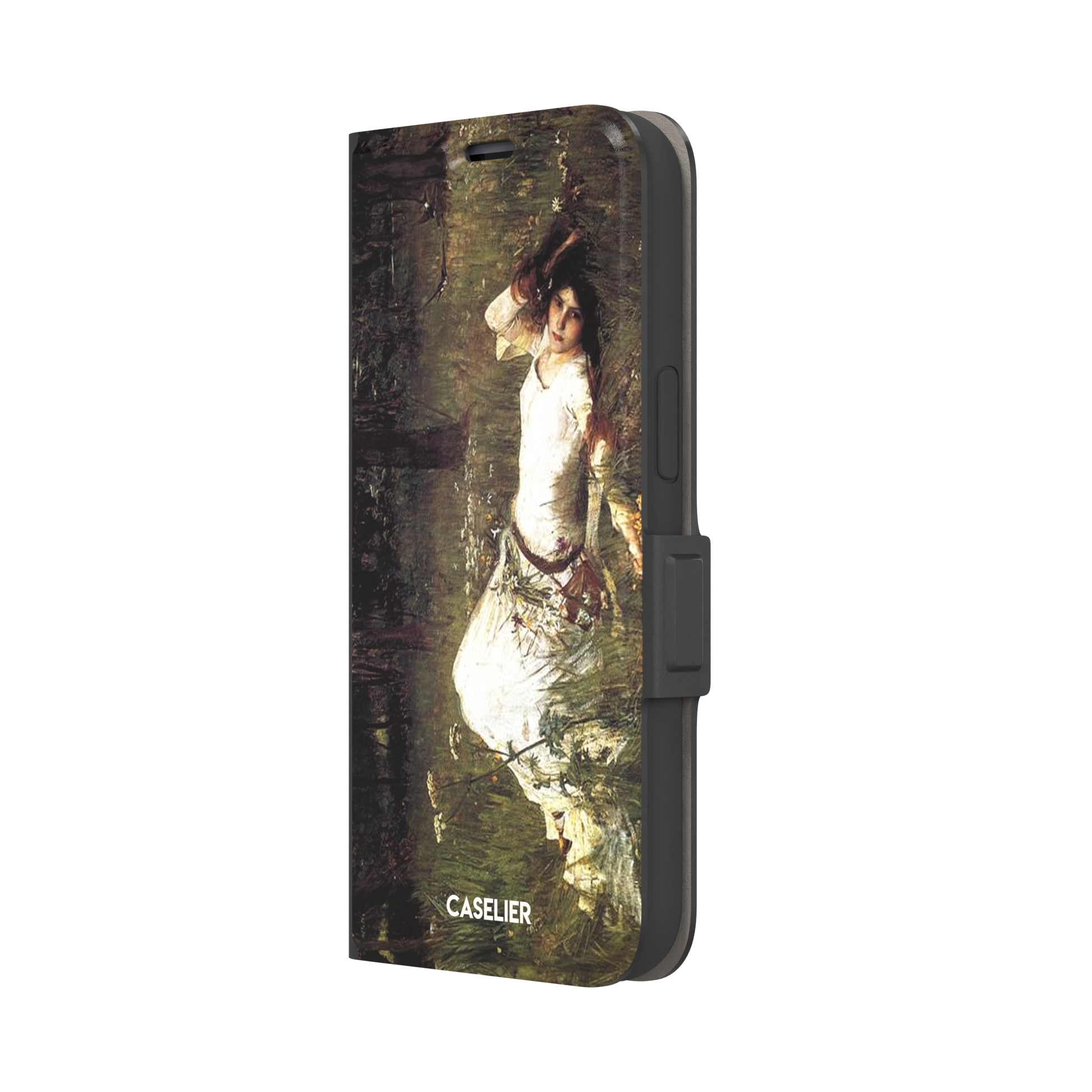 Ophelia by John William Waterhouse phone case featuring a white-dressed woman among dark green grasses and wildflowers in brooding Pre-Raphaelite oil painting style, phone case by Caselier — wallet case, right view