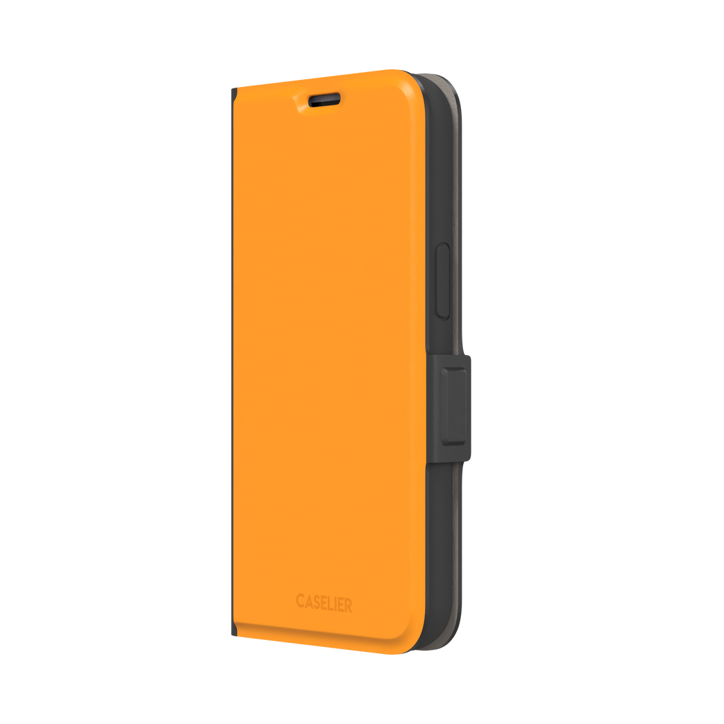 Warm mango-yellow solid-color phone case variant on iPhone, phone case by Caselier — wallet case, right view